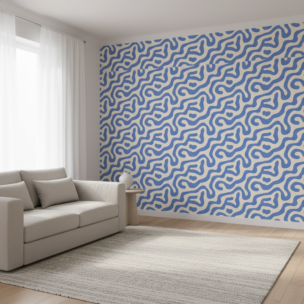 Space adventure wallpaper in a soft blue and white wavy pattern on a cozy kids room wall with a beige sofa and natural light