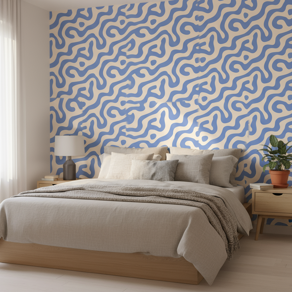 Pastel space adventure themed wallpaper with whimsical blue and white planets and rockets behind a cozy neutral bedroom with