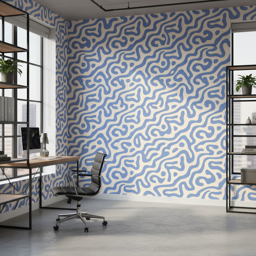 Pastel space adventure wallpaper with whimsical blue and white planet-like shapes adorning a modern home office wall