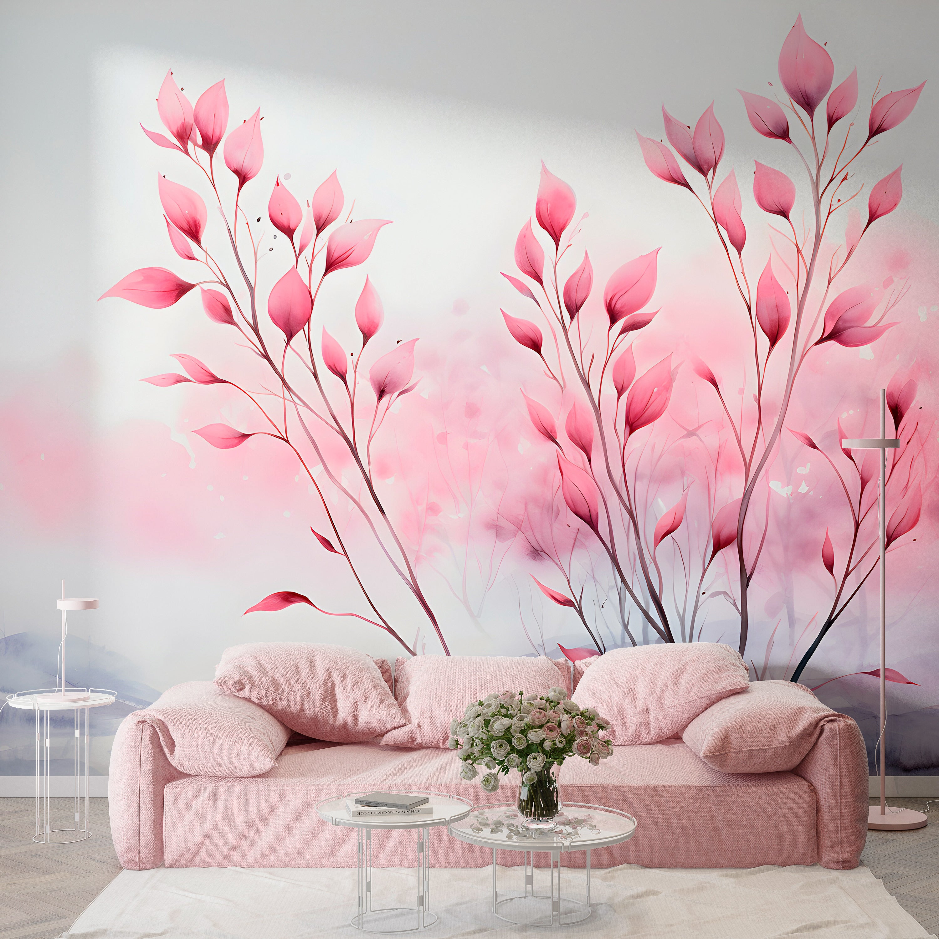 Watercolor Plant Mural with Pink Tree Branch
