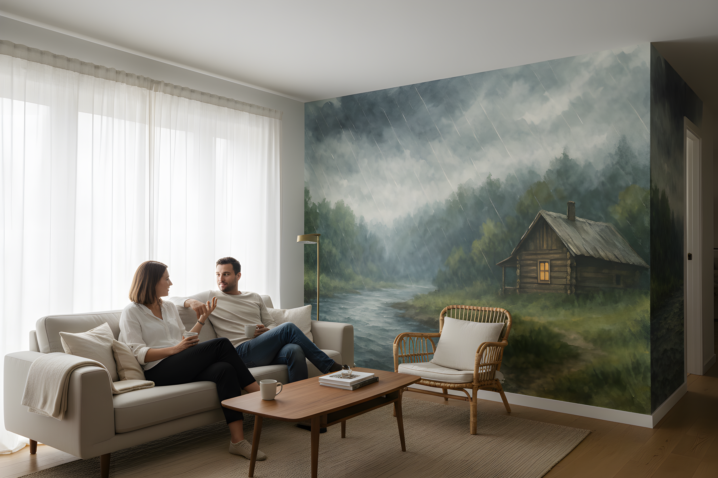 Whimsical space adventure wallpaper with a hand drawn style showing a misty forest scene and cozy cabin on a teal wall in a b