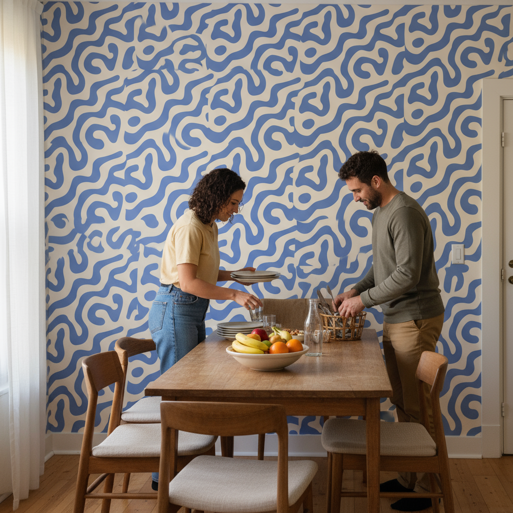 Space pattern wallpaper with blue organic shapes in a bright dining room, a couple setting a fruit bowl and plates at a woode