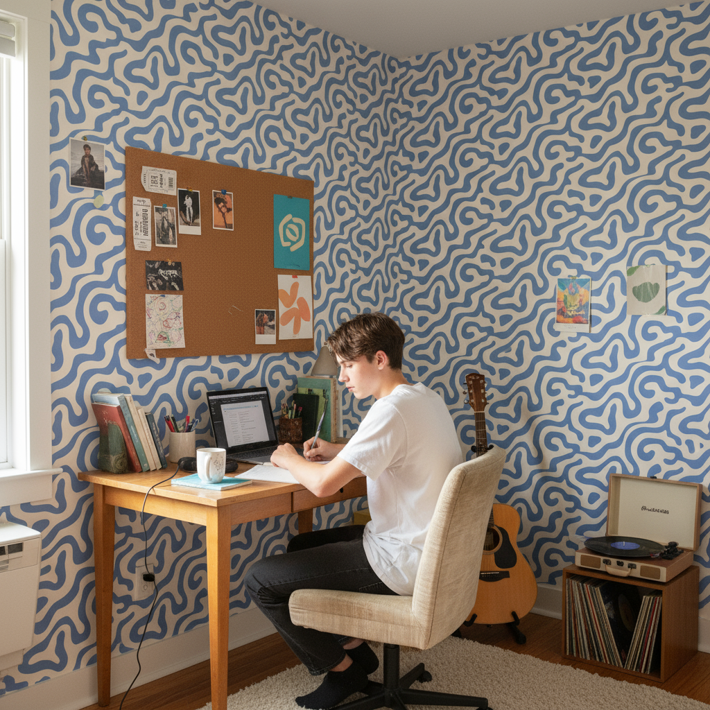 Young person at desk in a room with space adventure wallpaper featuring pastel blue wavy patterns planets and stars, desk set