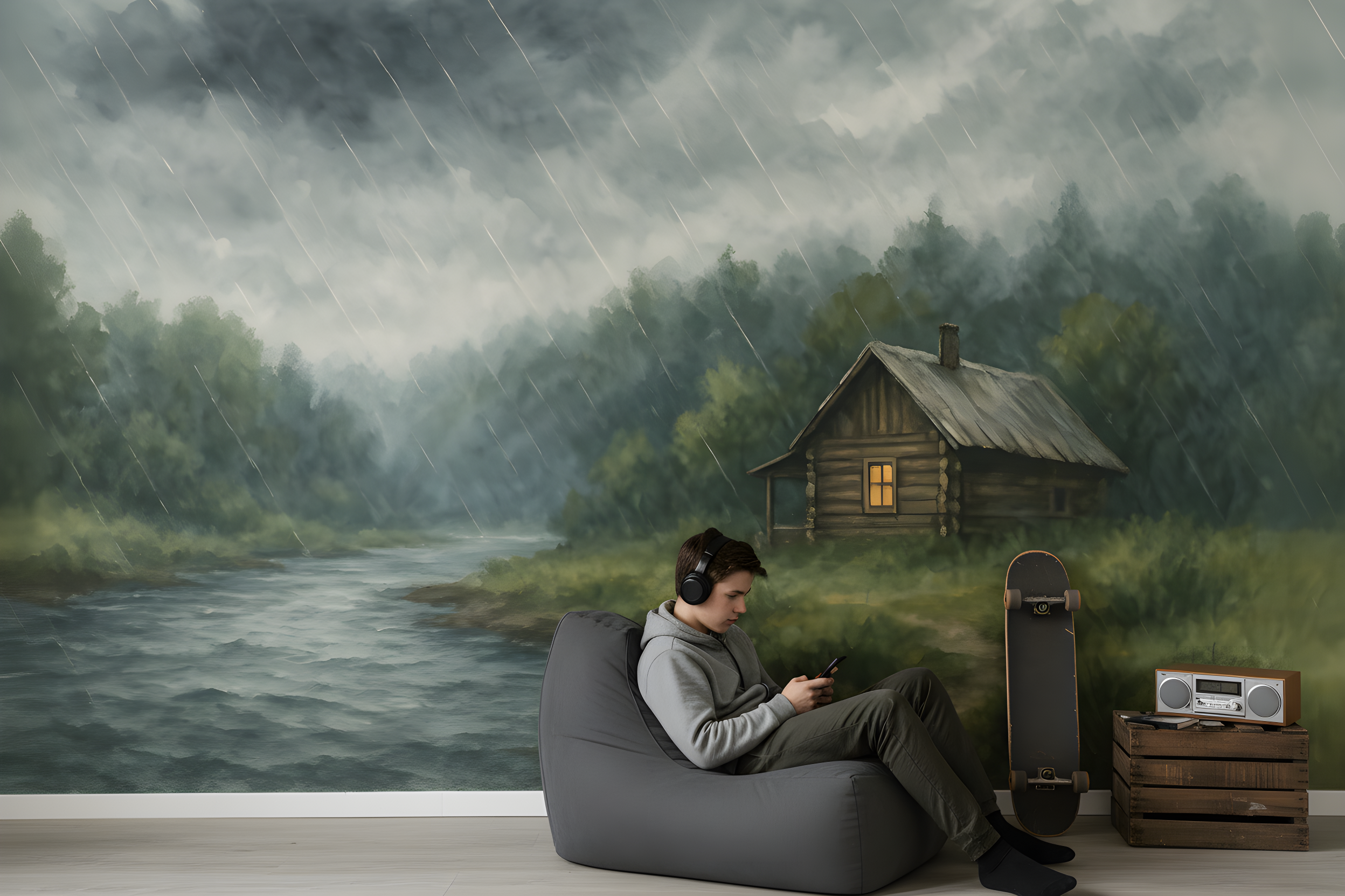Young person in headphones relaxing on a gray bean bag by a rustic cabin mural with a river, skateboard, and stereo under a r