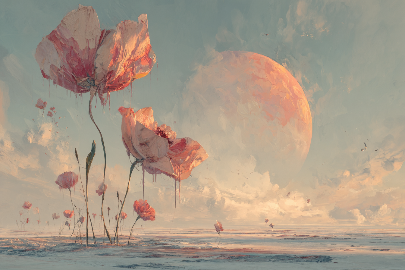 Surreal Floral Wallpaper Mural – Giant Pink Flowers in Dream Desert Landscape with Moon, Fantasy Wall Art for Bedroom or Creative Space