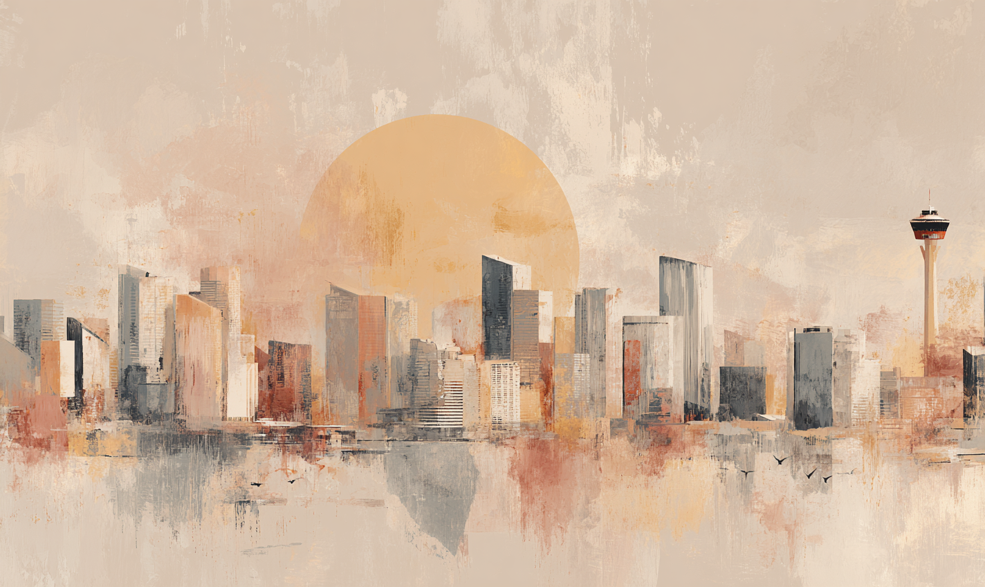City Skyline Calgary Wallpaper Mural – Minimalist Urban Line Art in Warm Neutrals, Abstract Modern Wall Art for Living Room or Office