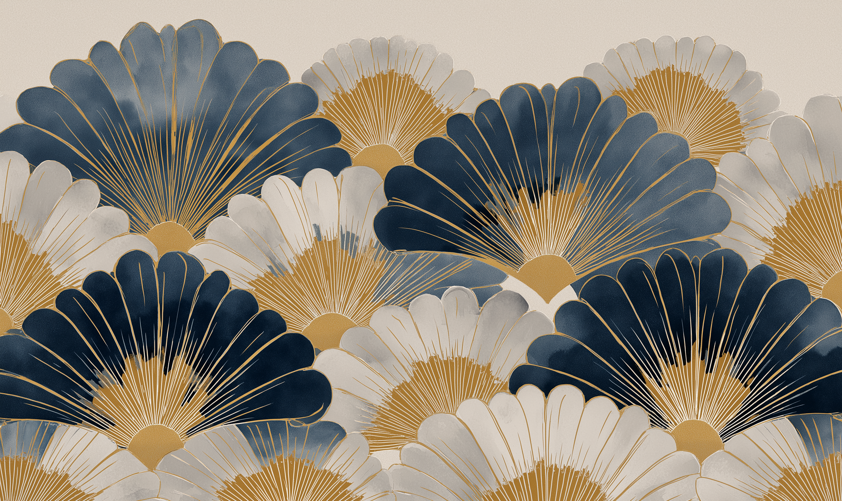 Art Deco Fan Wallpaper Mural – Navy, Gold & Beige Elegant Wall Design