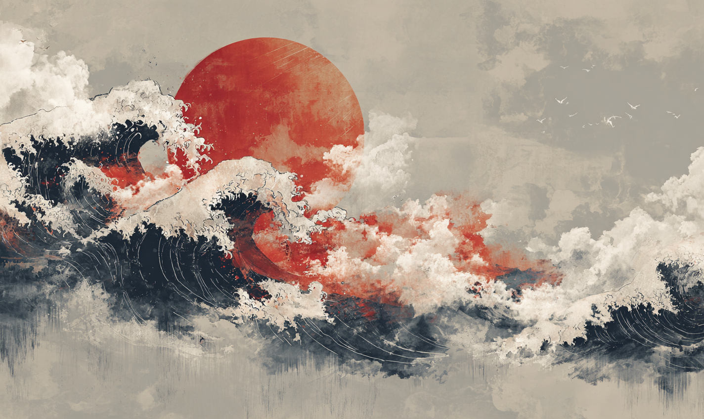 Japanese Wave Wall Mural – Red Sun & Navy Ocean Abstract Wallpaper