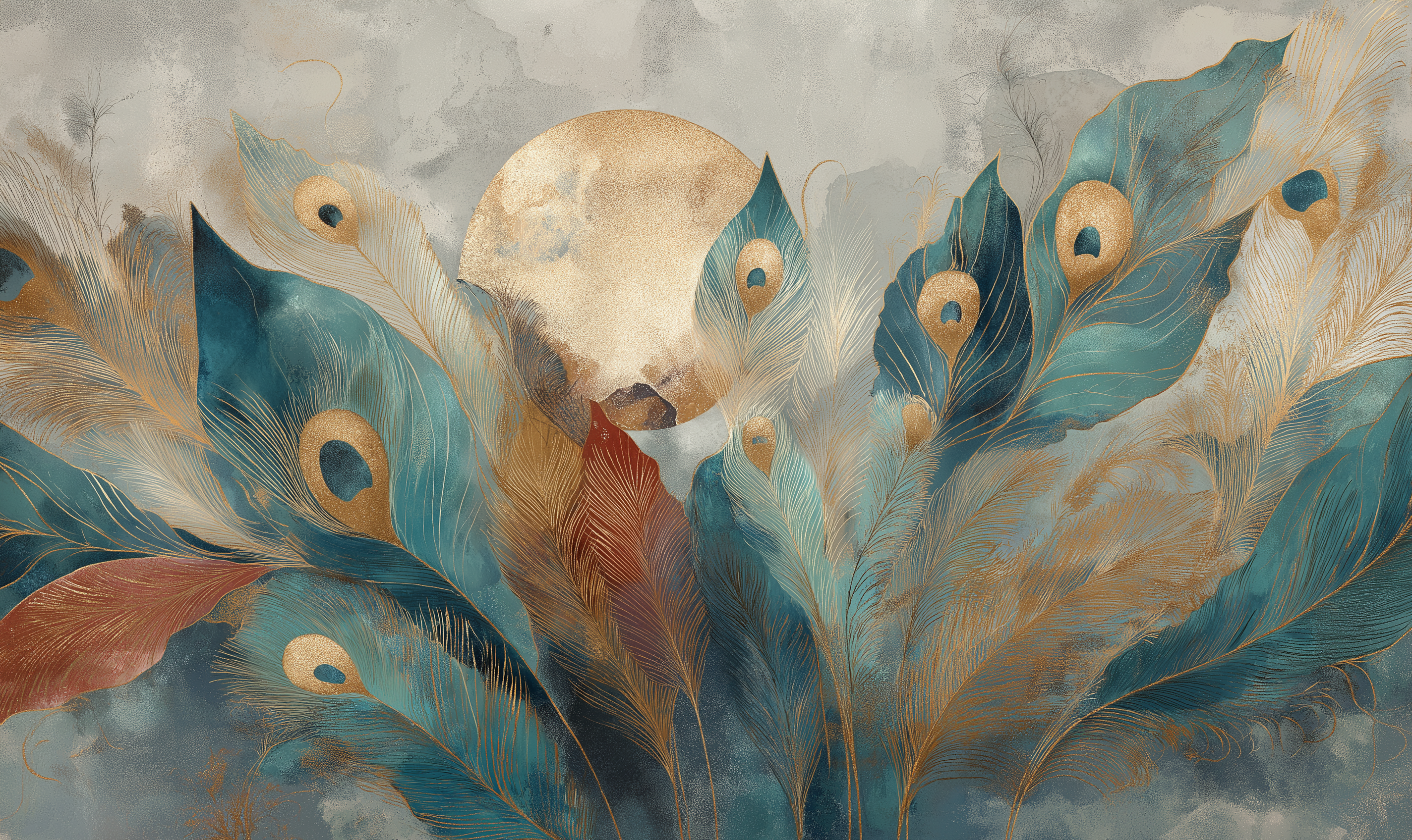 Modern abstract wall mural inspired by peacock feathers