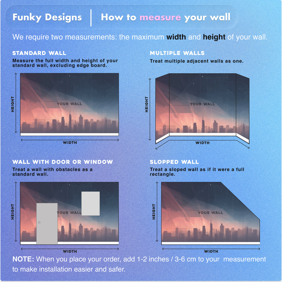 Cosmic Cityscape Wall Mural | Navy Blue Pink Futuristic Skyline, Starry Sky Neon Line Peel and Stick Mural, Modern Bedroom Office Decor