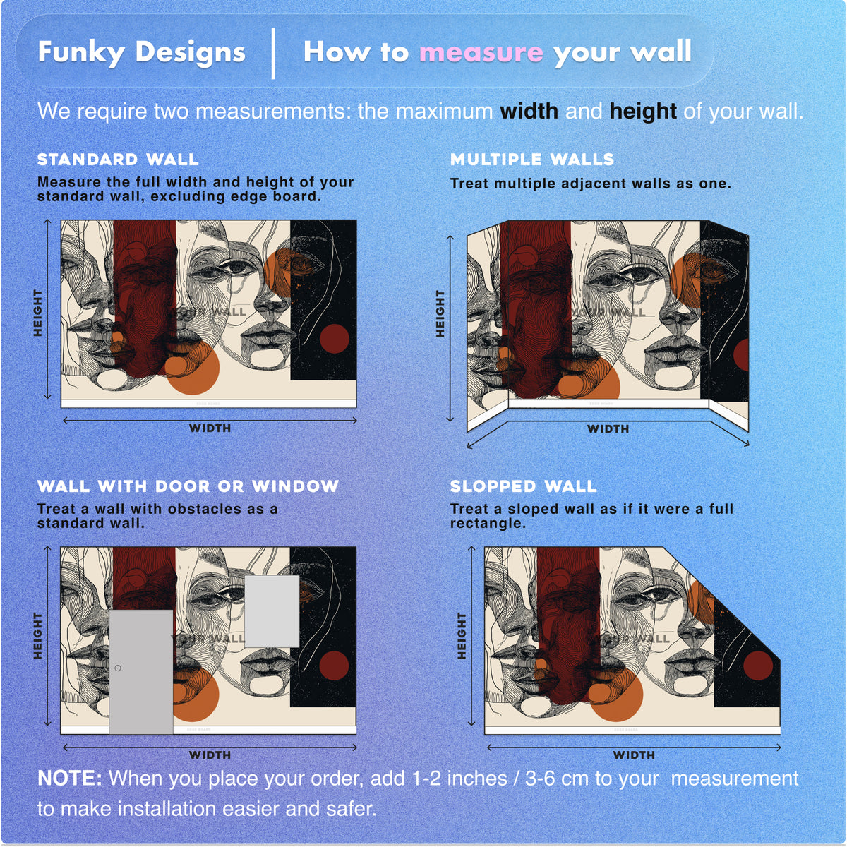 Abstract Faces Wall Mural | Black Rust Beige Line Art Portraits, Modern Geometric Peel and Stick Mural, Contemporary Living Room Decor