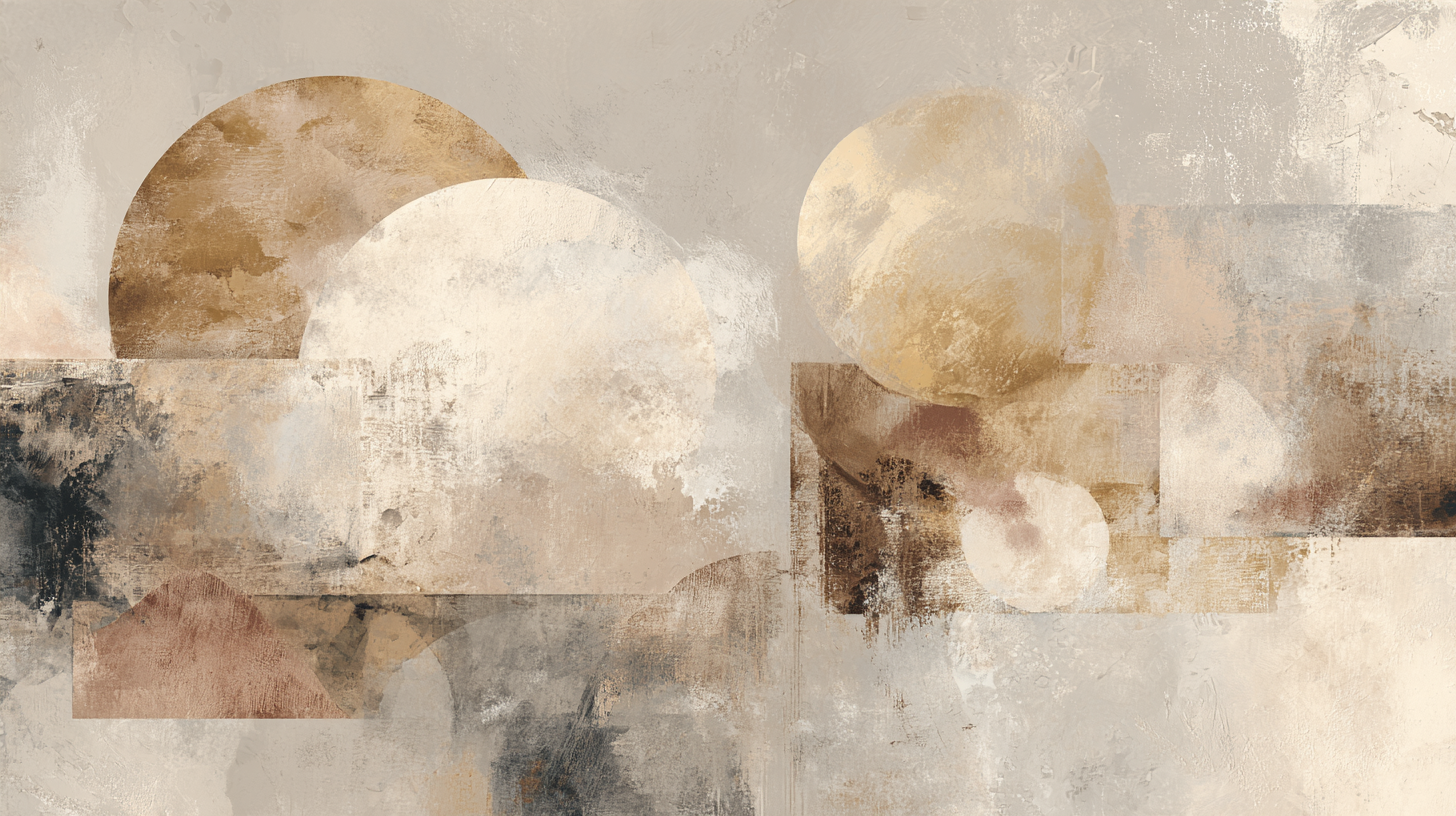 Neutral geometric mural with textured abstract forms in beige and gold