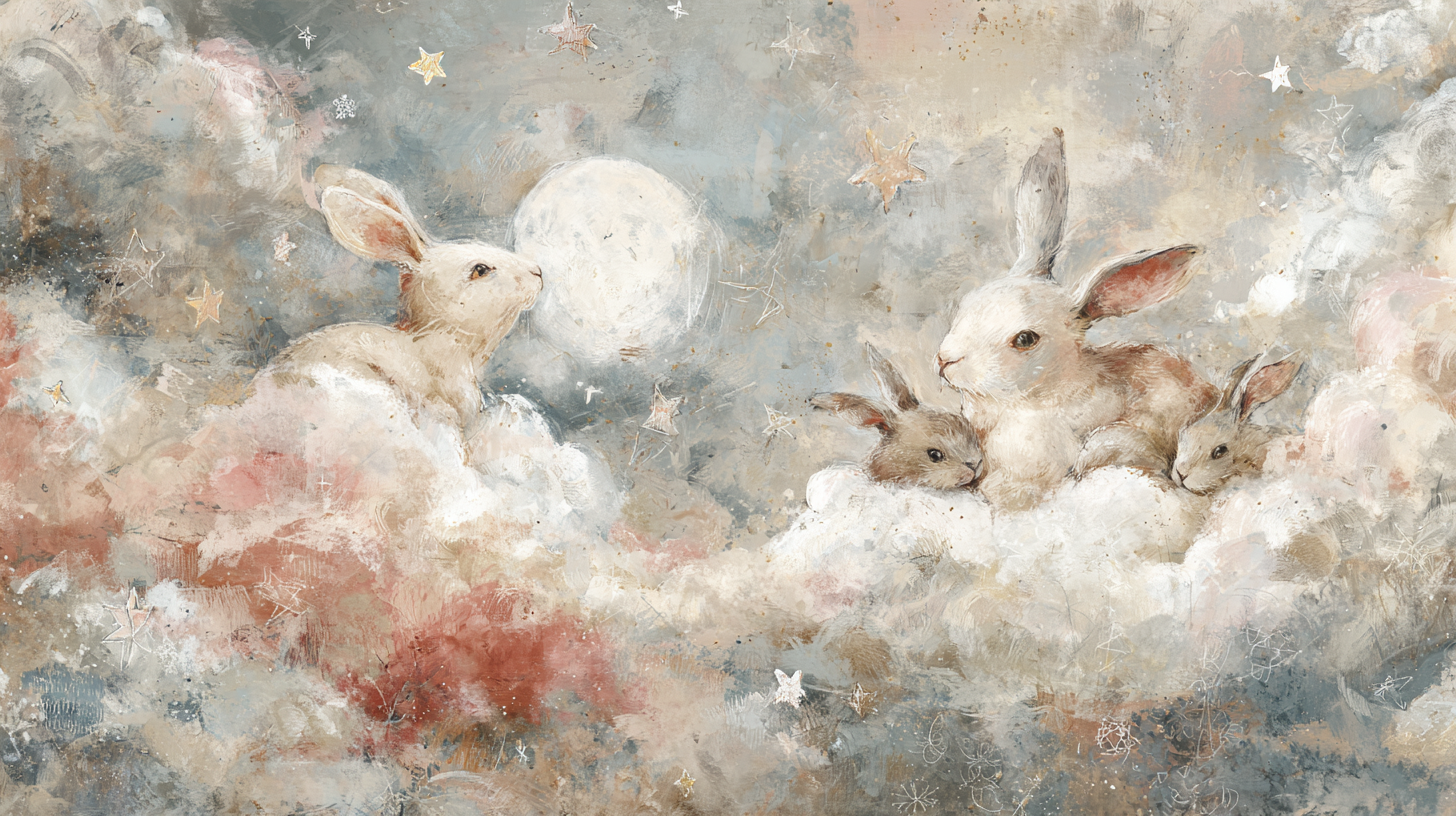 Pastel Bunny Mural for Nursery Kids Room Wall Art with Moon Stars and Clouds in Soft Colors