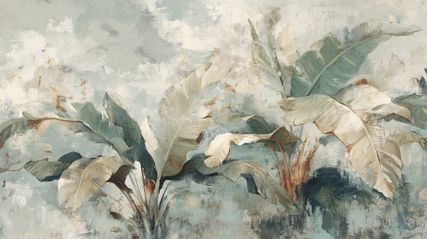 Botanical Wall Mural with Tropical Banana Leaves in Muted Green and Cream for Jungle Inspired Decor