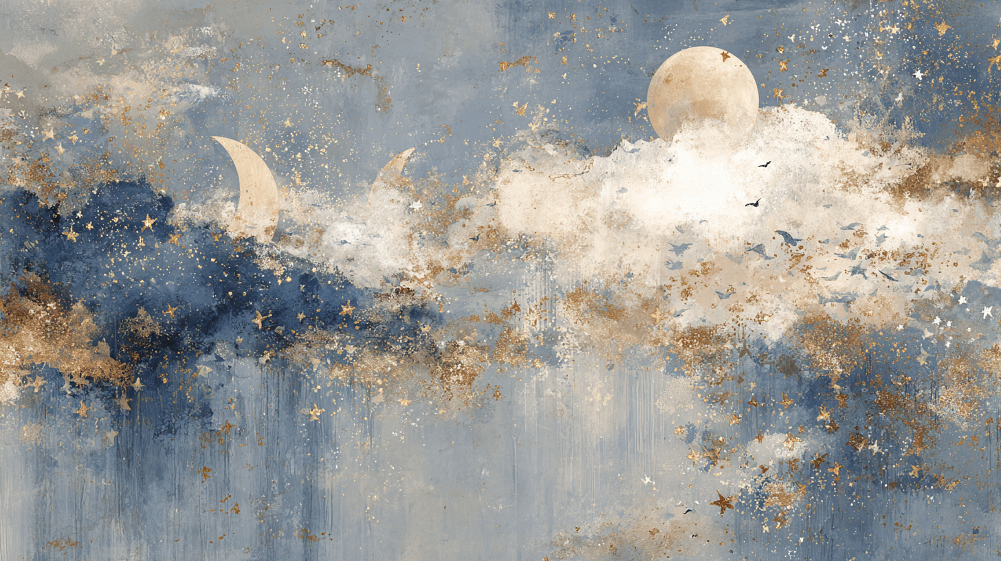 Celestial Wall Mural with Moon Phases Stars and Clouds in Navy Blue and Gold for Nursery or Dreamy Room Decor