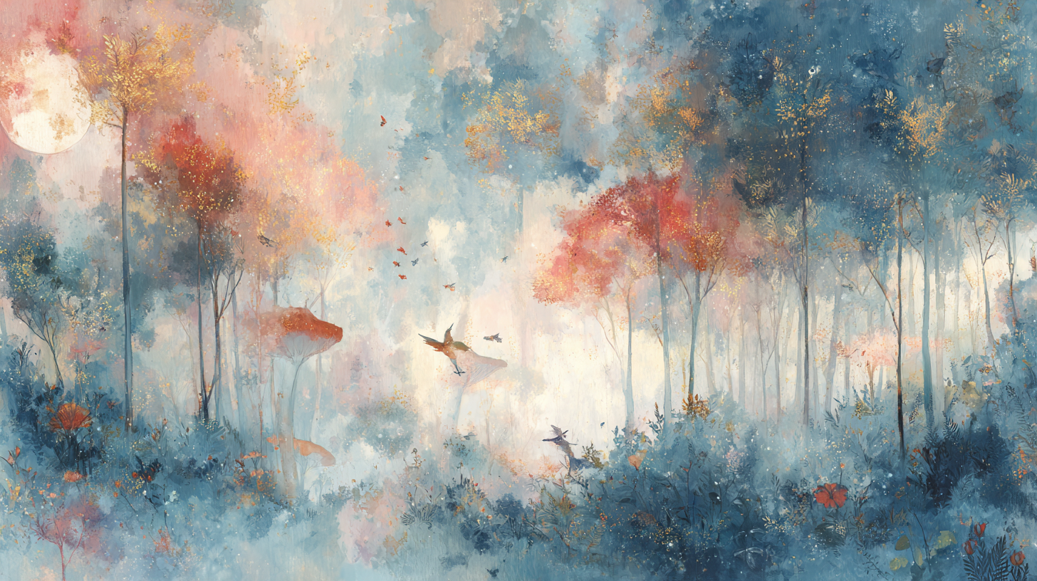 Fantasy Forest Wallpaper Mural – Magical Woodland Wall Art with Birds, Glowing Trees, Dreamy Blue and Coral Colors for Kids or Boho Rooms