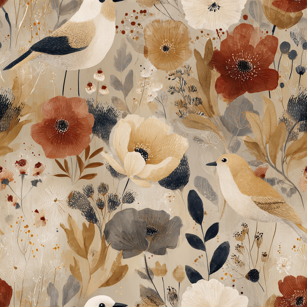 Elegant beige botanical wallpaper with birds and flowers