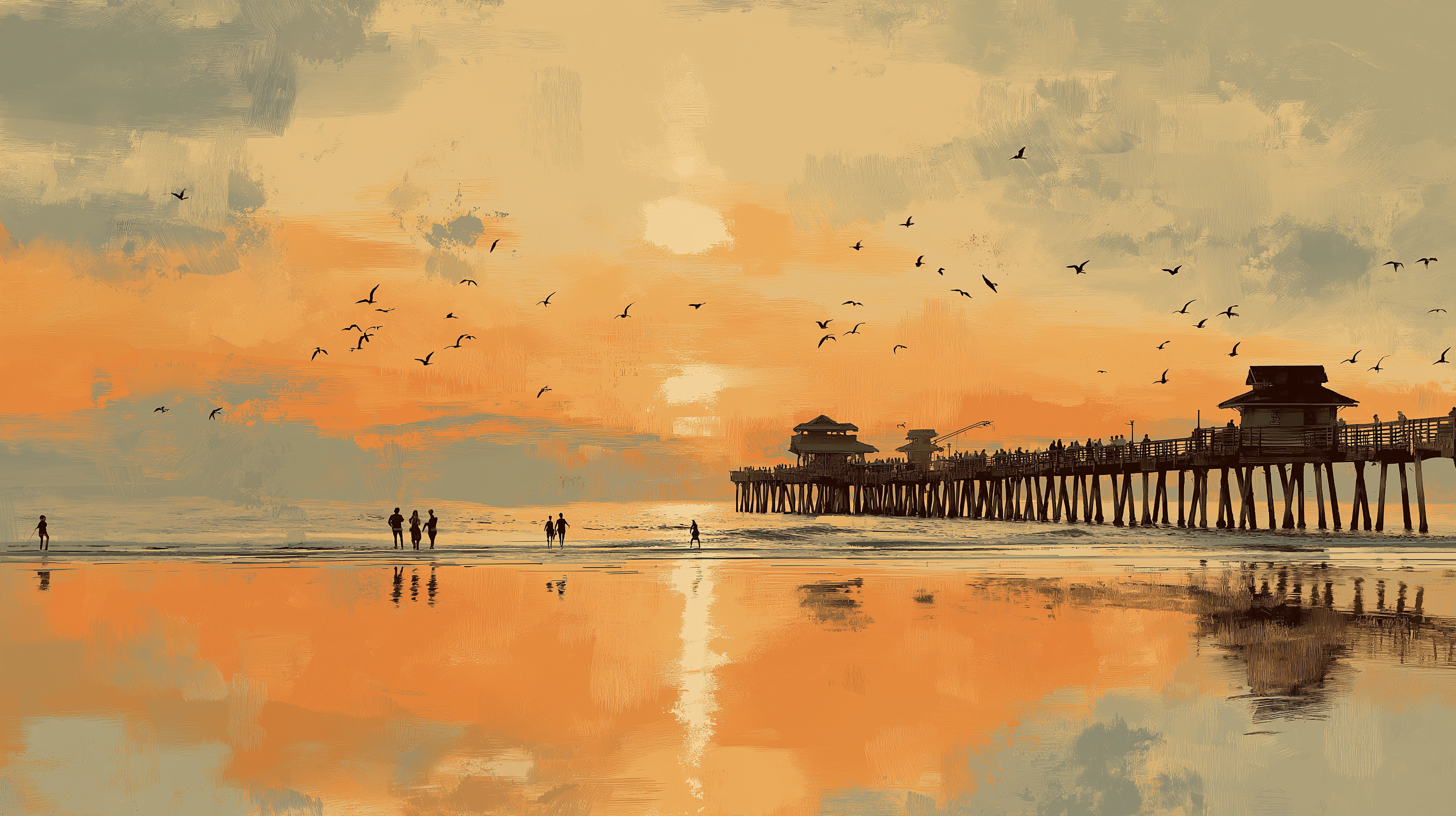 Seaside wall mural with silhouettes and sunset sky