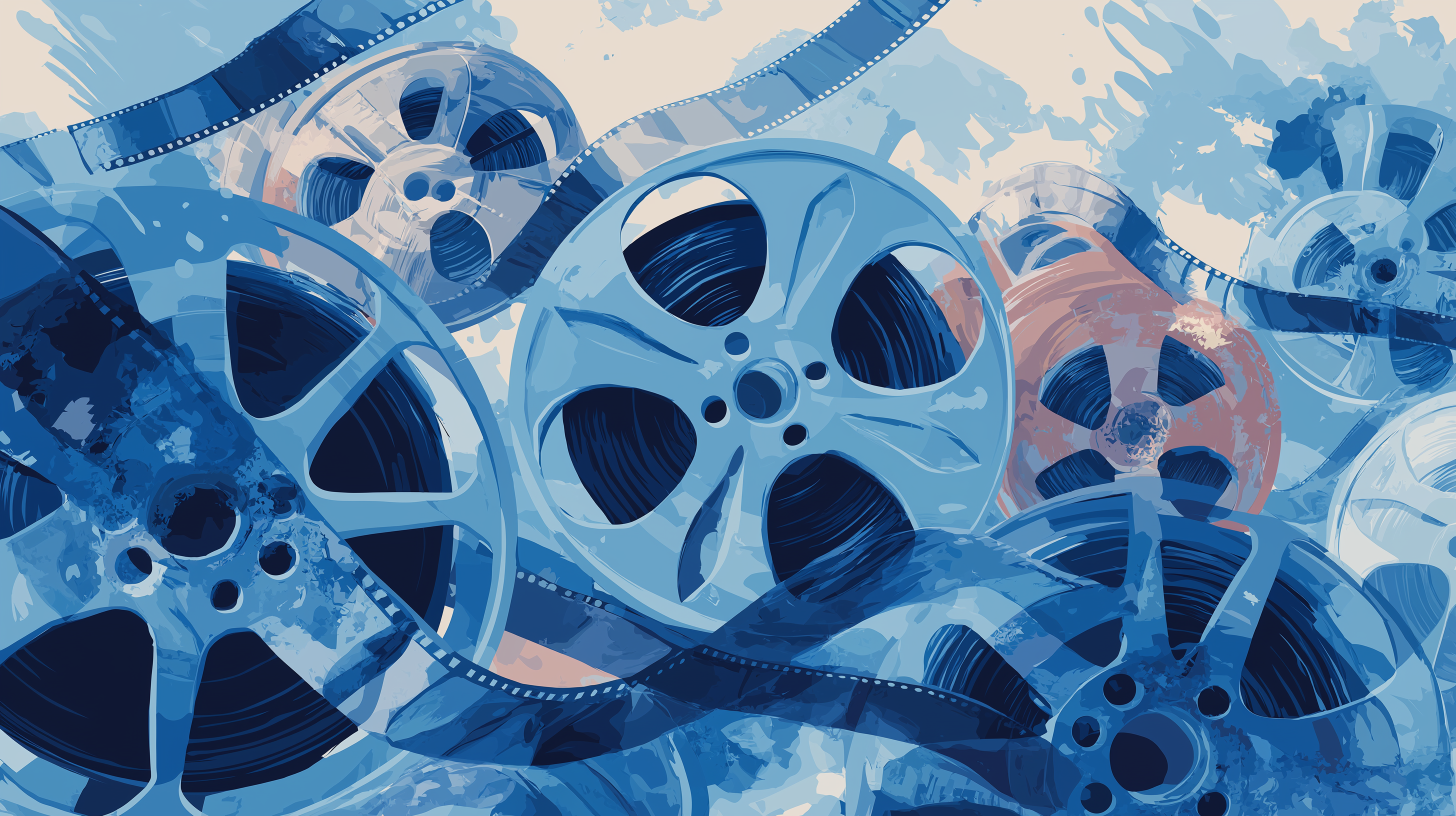 Retro cinema-inspired wall mural with blue tones