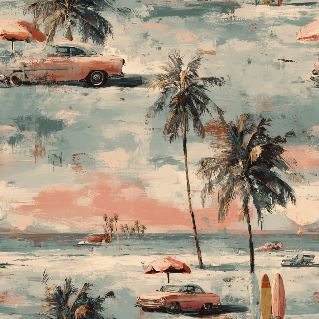 surfboard and palm tree wallpaper in vintage beach style
