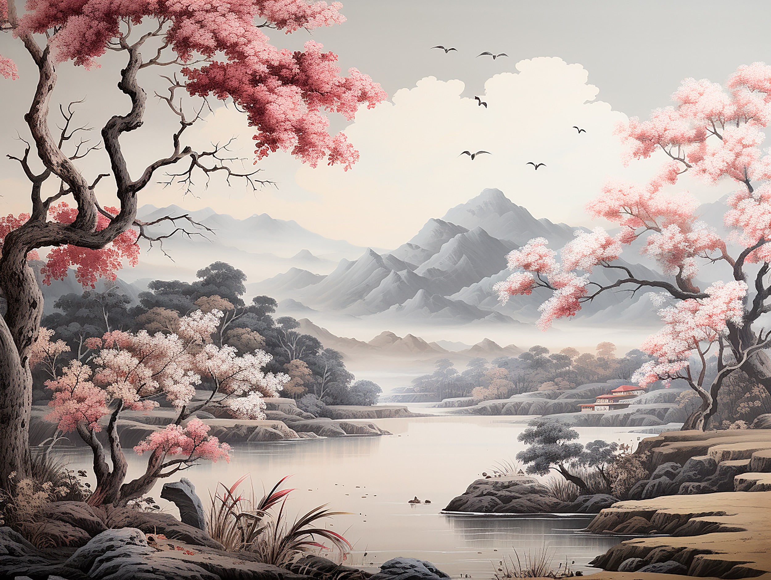 Asian Landscape Mural Trees