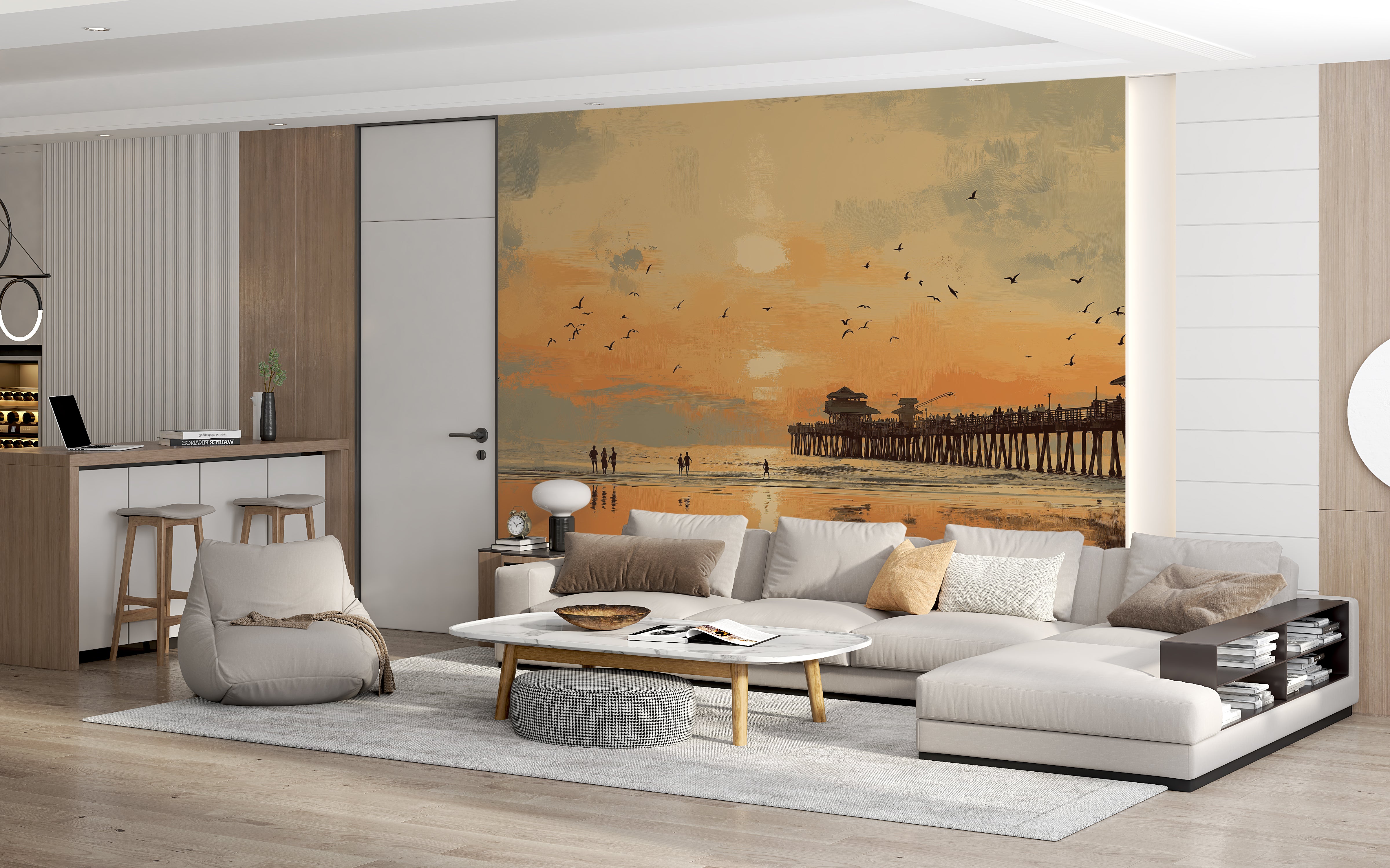 Relaxing beach scene wall mural with pier and birds
