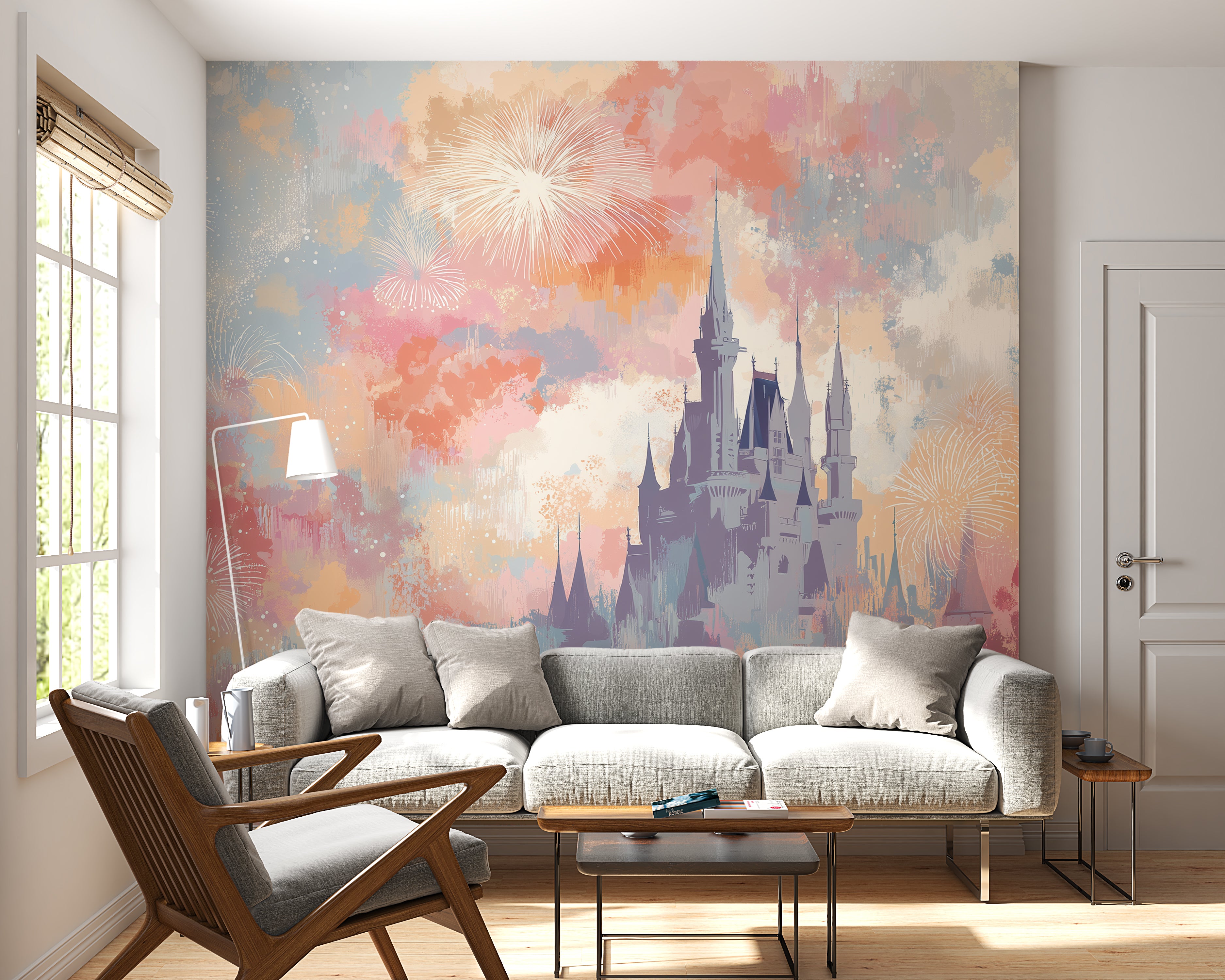 whimsical pastel sky with fireworks wall mural