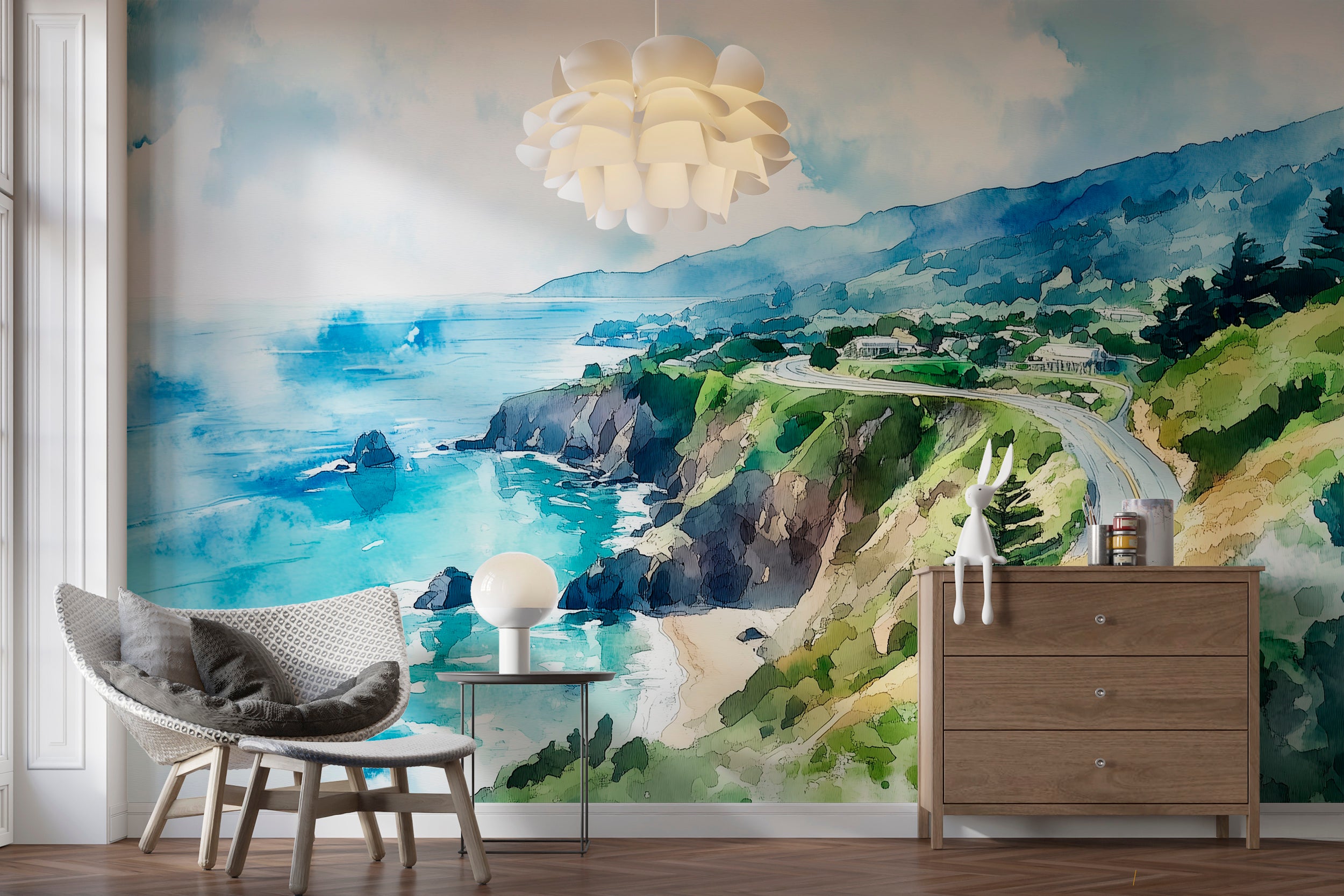 Pacific Coast Highway Mural, Peel and Stick Watercolor California Ocean Wallpaper, Coastal Road Wall Art