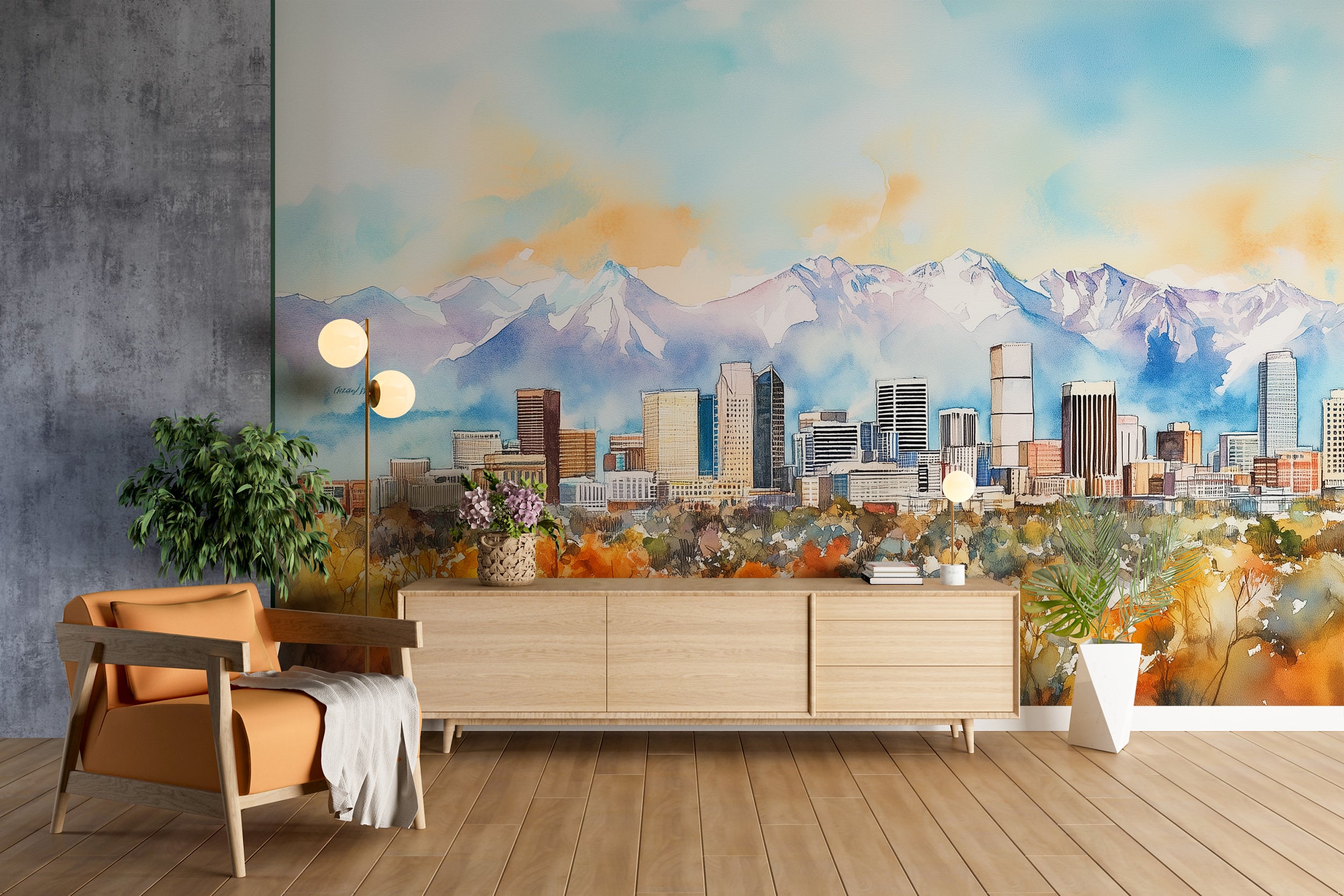 Denver Downtown Wall Mural, Peel and Stick Autumn Forest City and Mountains Wallpaper, Colorado Scenic Landscape Art