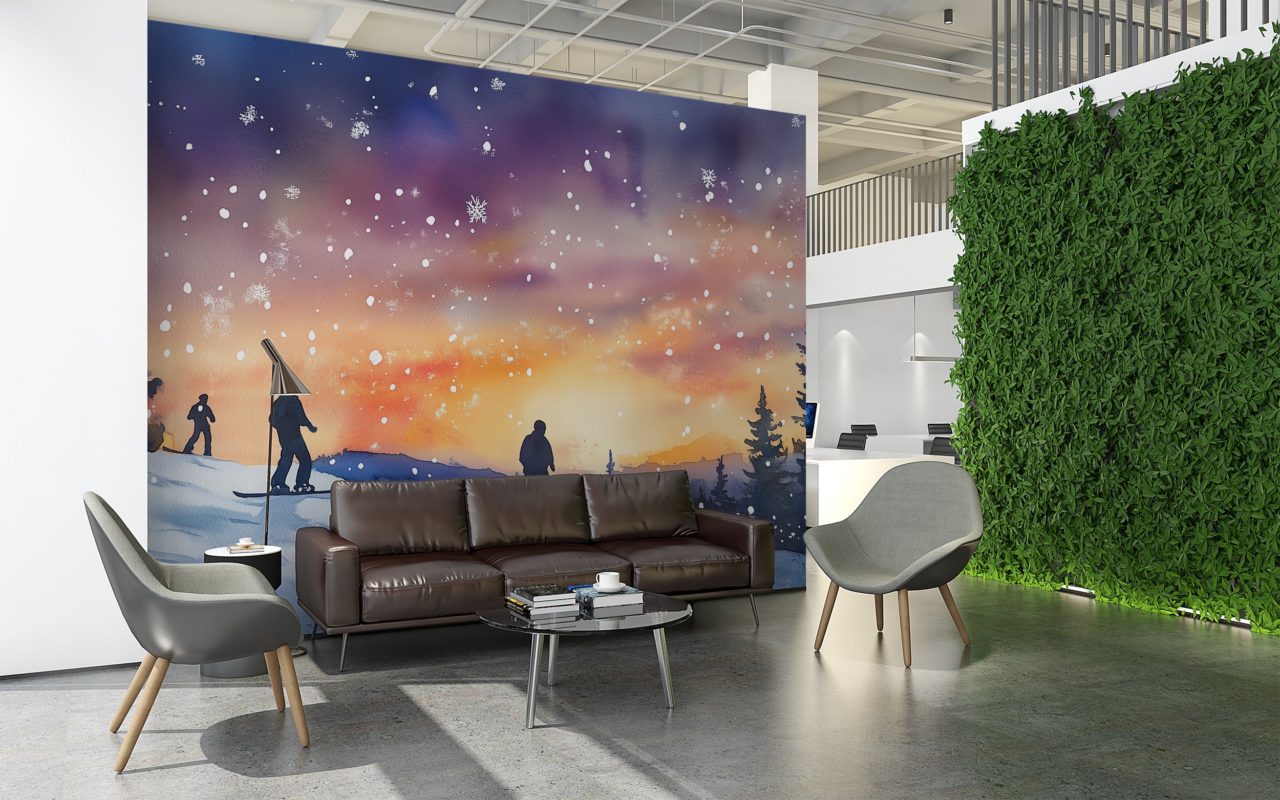 Snowboarders on the Slope Mural, Peel and Stick Snowy Night Wallpaper, Colorado Winter Mountain Slopes Dark Decor