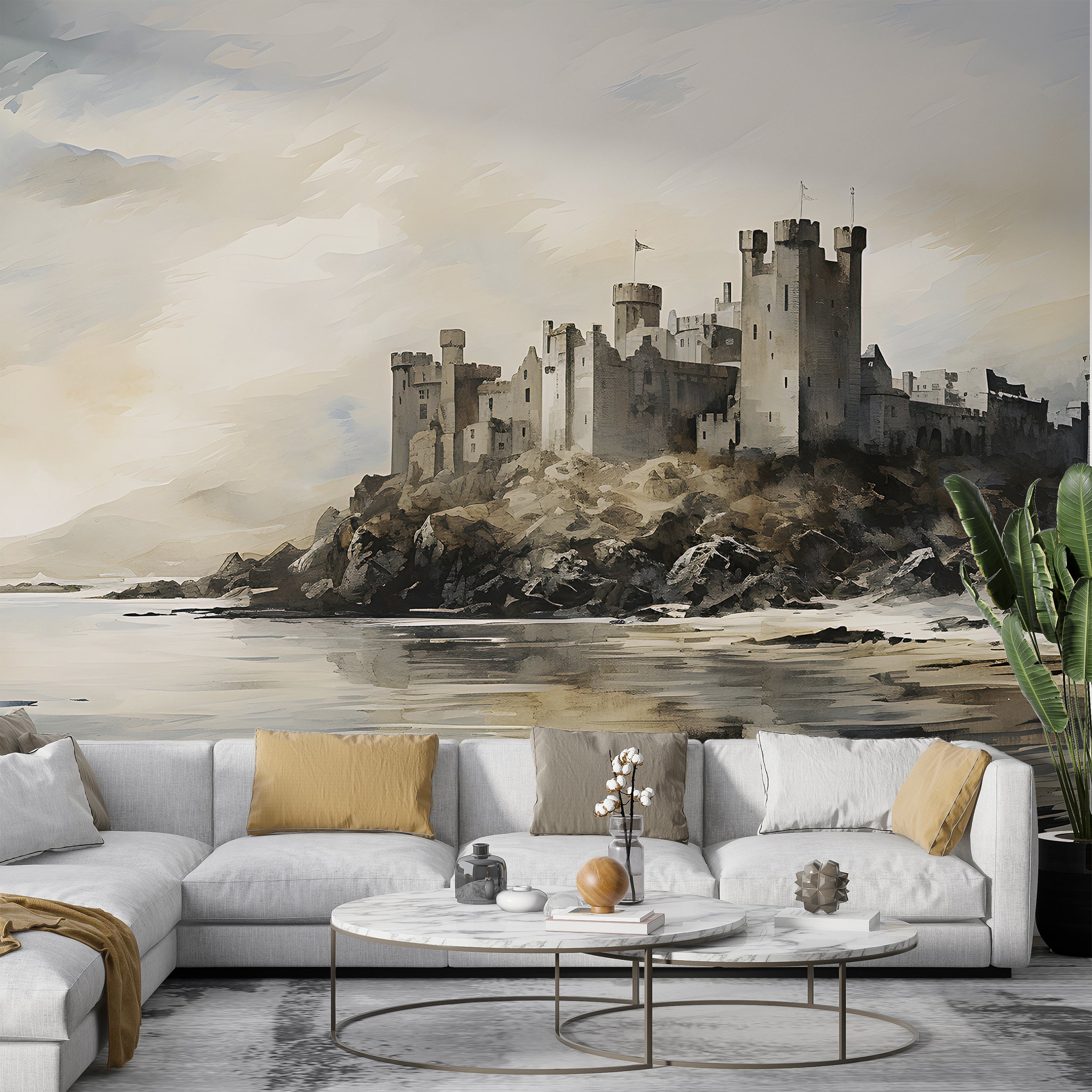 Castle Watercolor Coastal Landscape Wall Mural