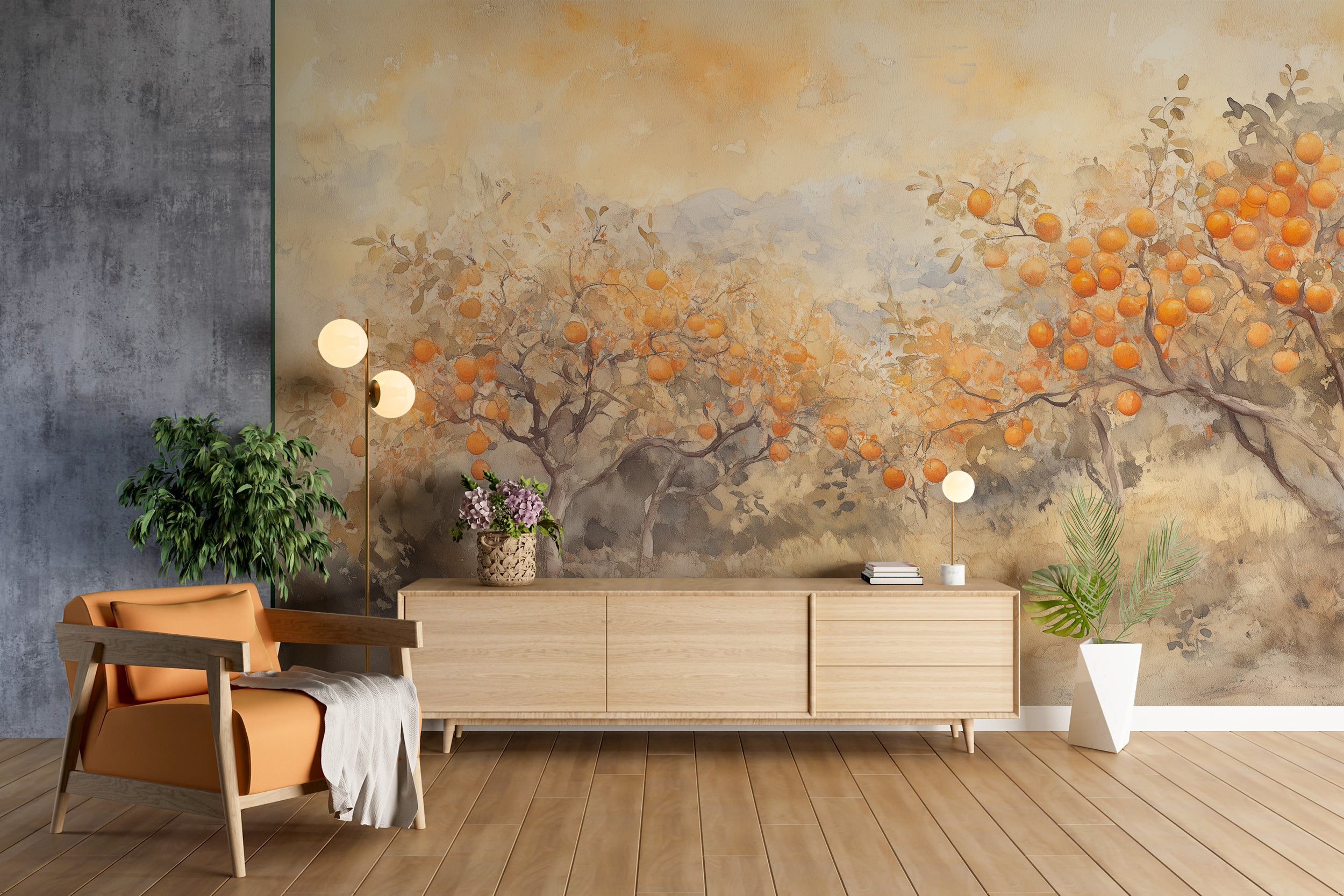 Blossom Orange Trees Wall Mural, Peel and Stick Florida Oranges Wallpaper, Watercolor Beige Fruit Garden Wall Decor