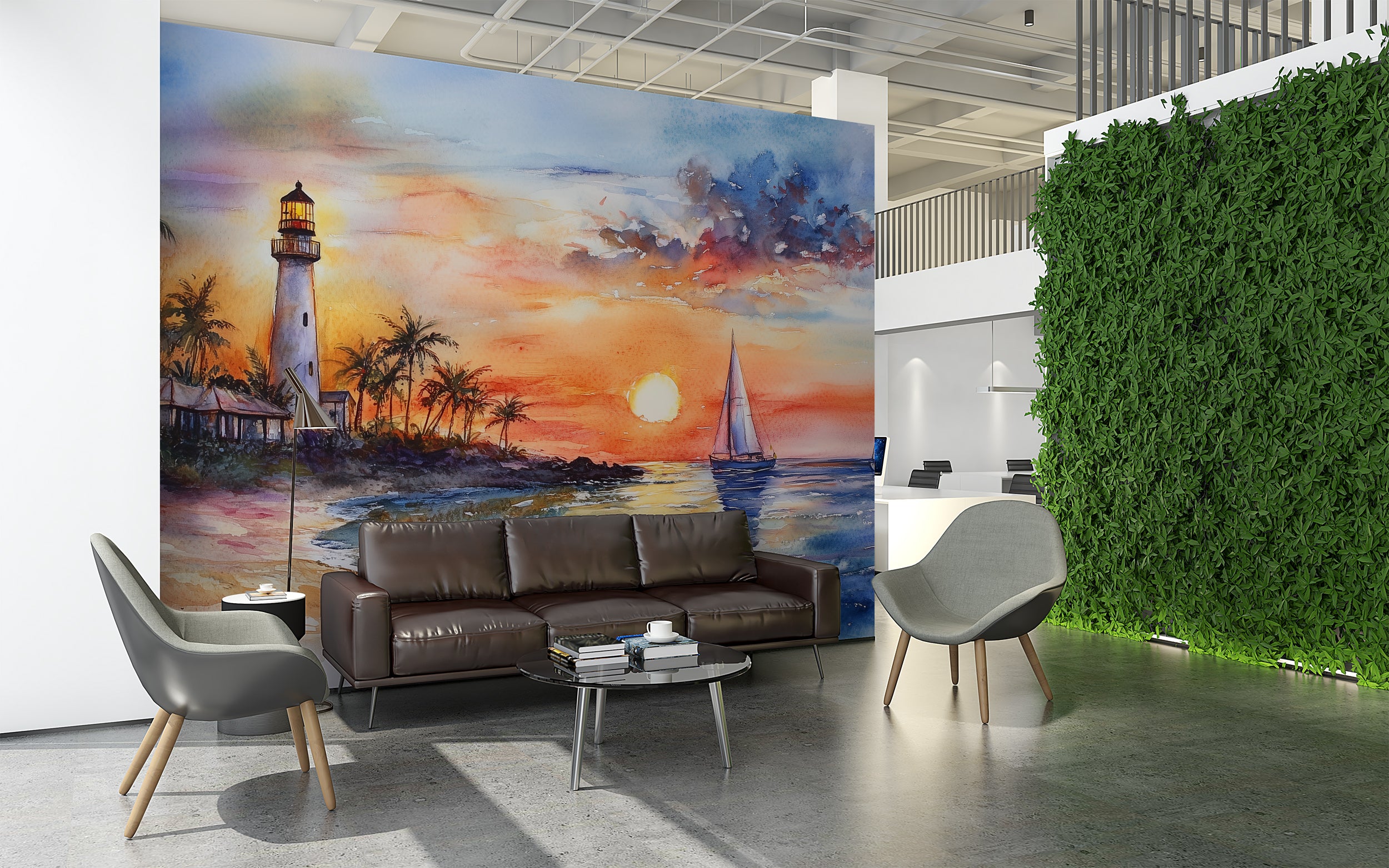 Florida Beach Lighthouse Wall Mural, Peel and Stick White Sailboat Wallpaper, Colorful Coastal Mural, Watercolor Ocean Sunset Art