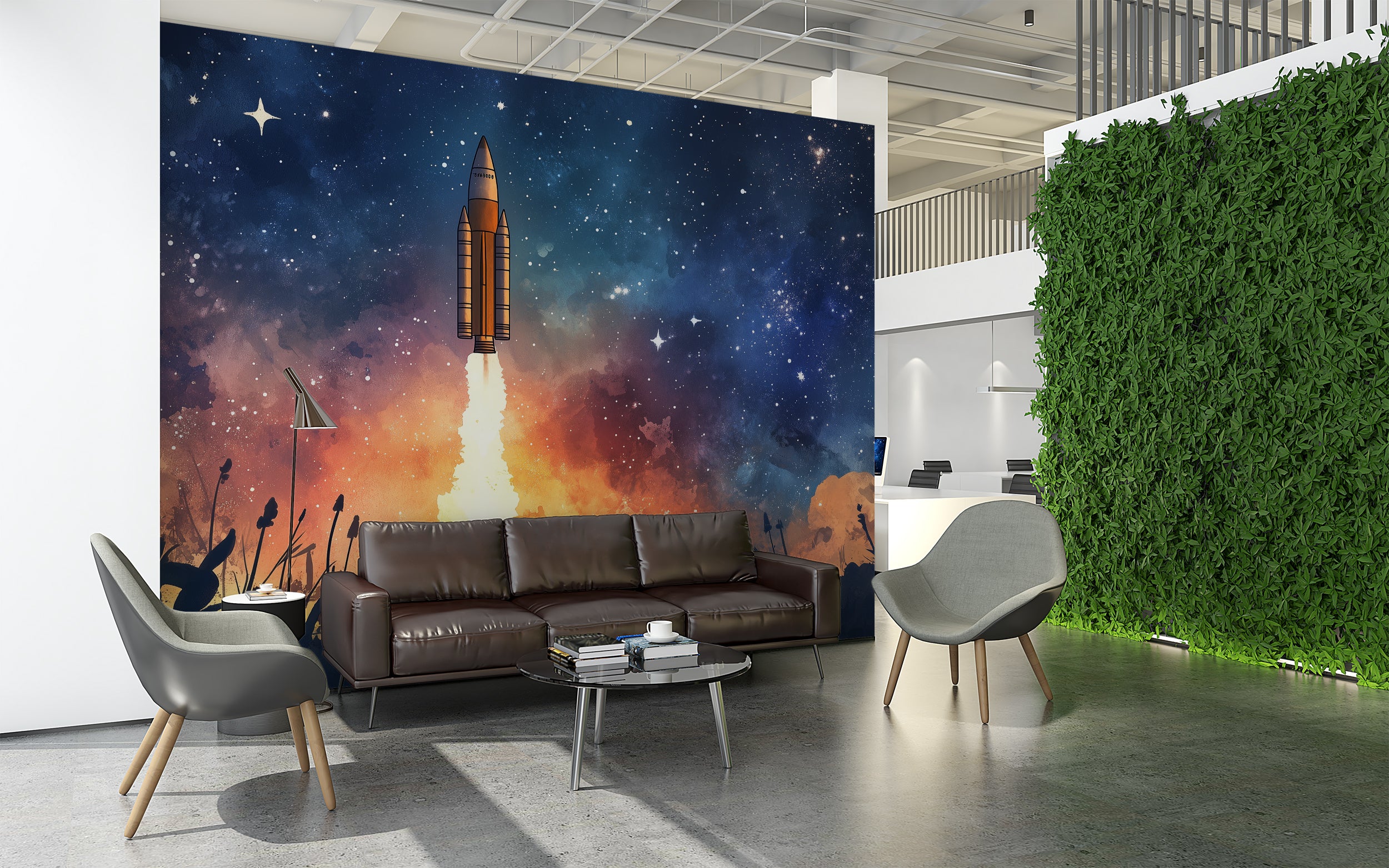 Rocket Launch Pad Wall Mural, Peel and Stick Starry Night Wallpaper, Astronauts Celestial Mural, Watercolor Stars Art