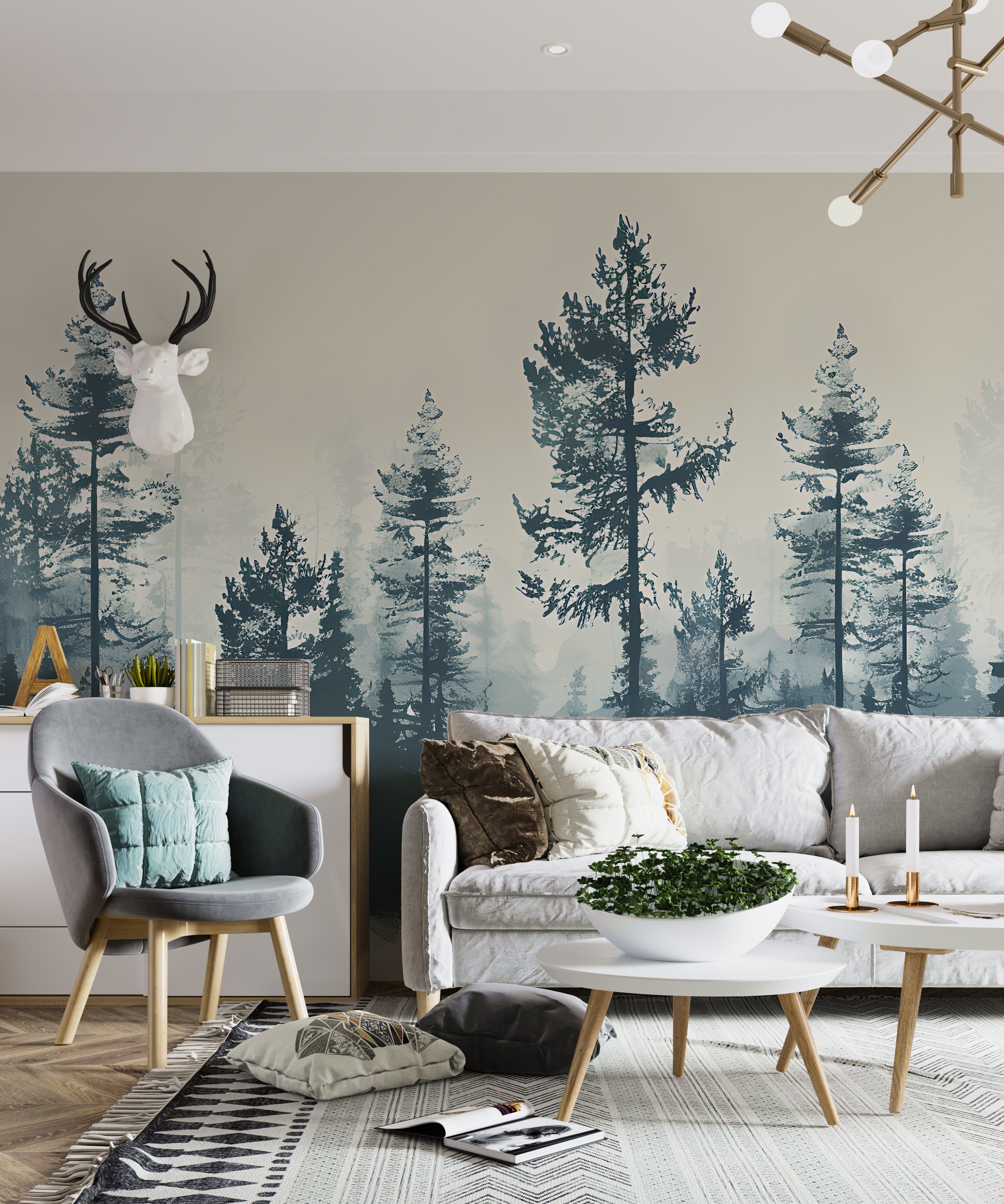 Watercolor Pine Tree Forest Wallpaper, Peel and Stick Nature Mural, Green and Beige Vintage Forest, Classic Seamless Wallpaper