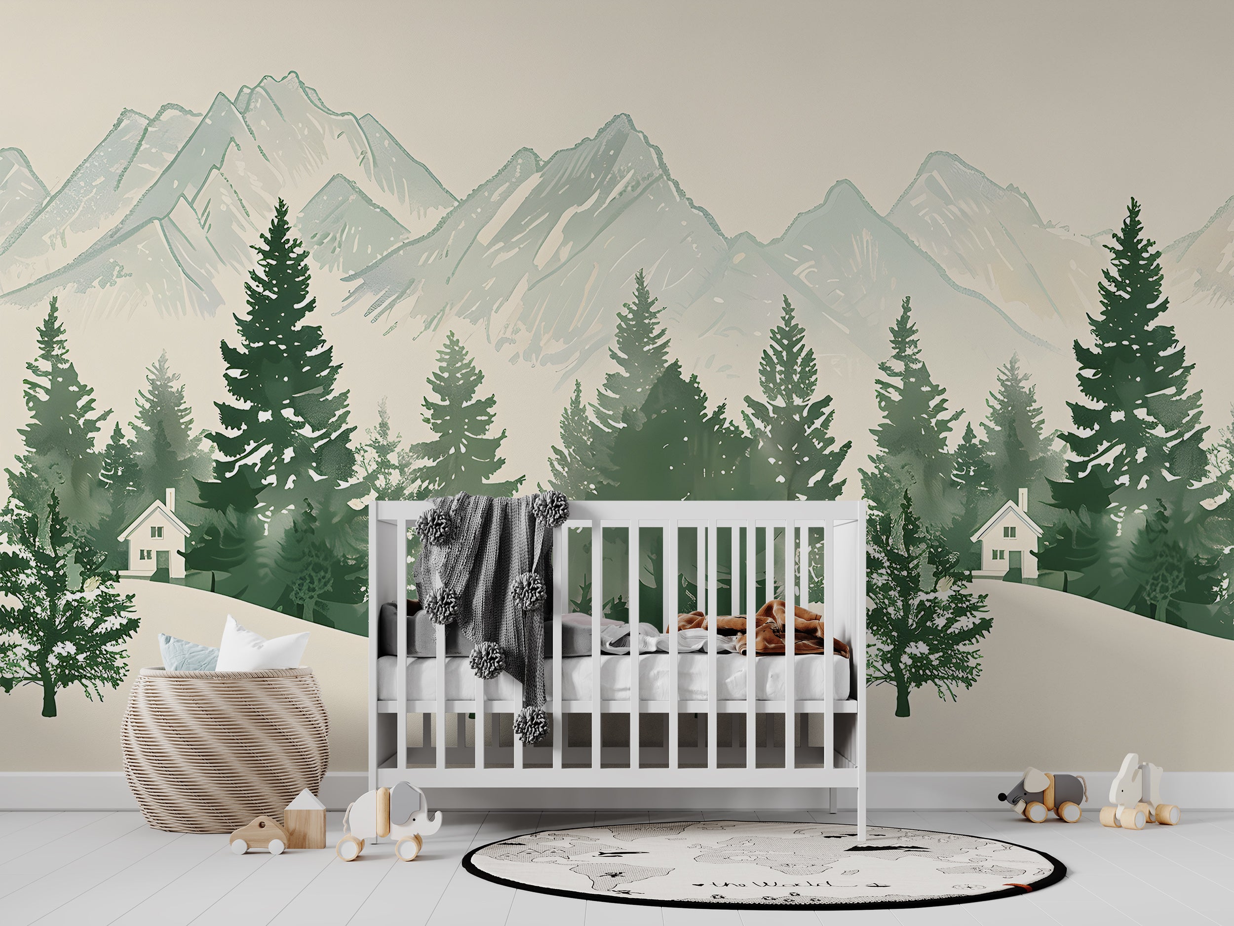 Monochrome Mountains and Forest Mural, Green and White Landscape Wallpaper, Self-adhesive Seamless Mountain Pattern, Removable Nature Decal