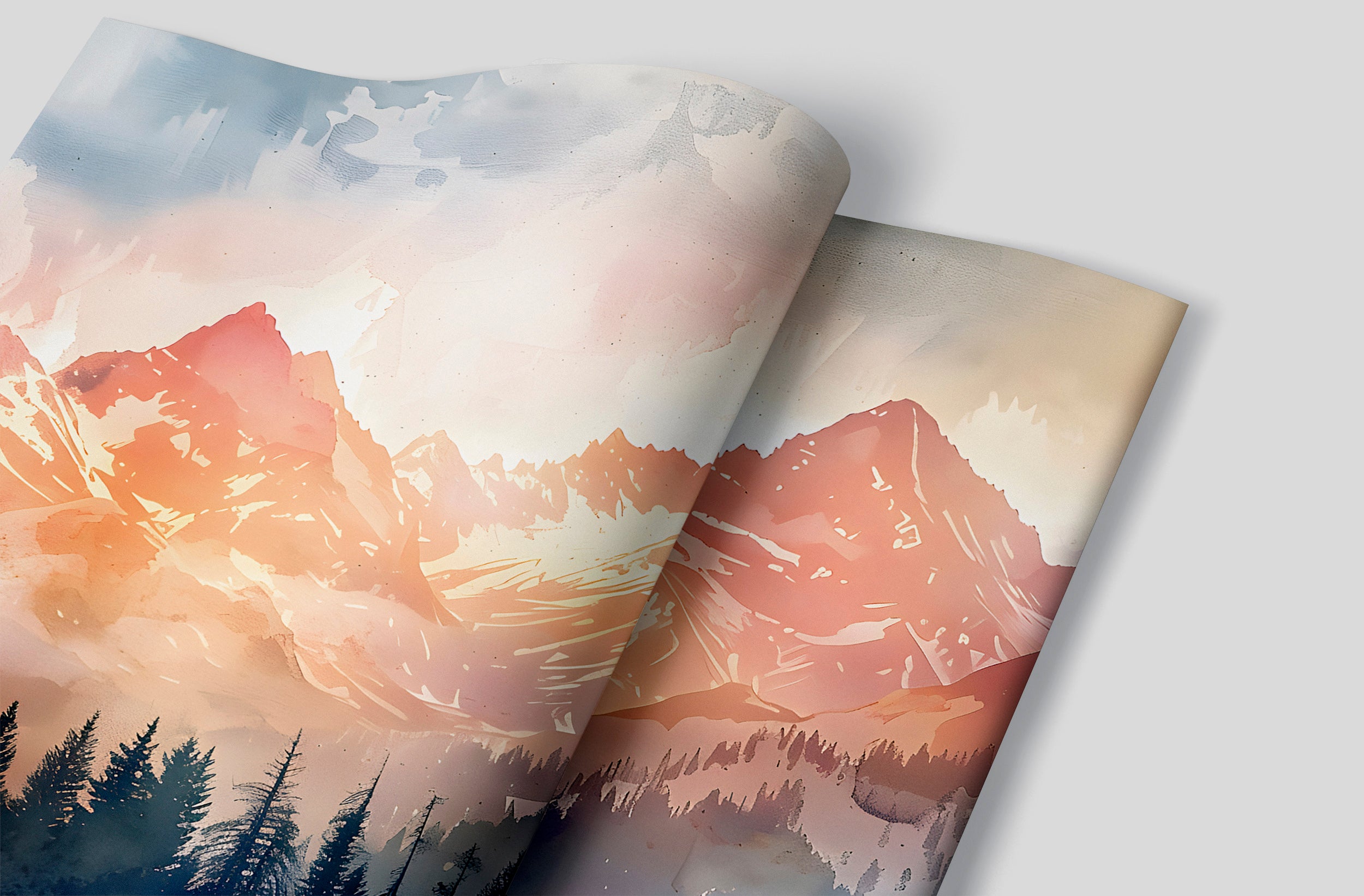 Watercolor Mountain Sunset Wallpaper, Colorful Mountains and Forest Mural, Peel and Stick Orange Landscape Nursery Decal, PVC-free