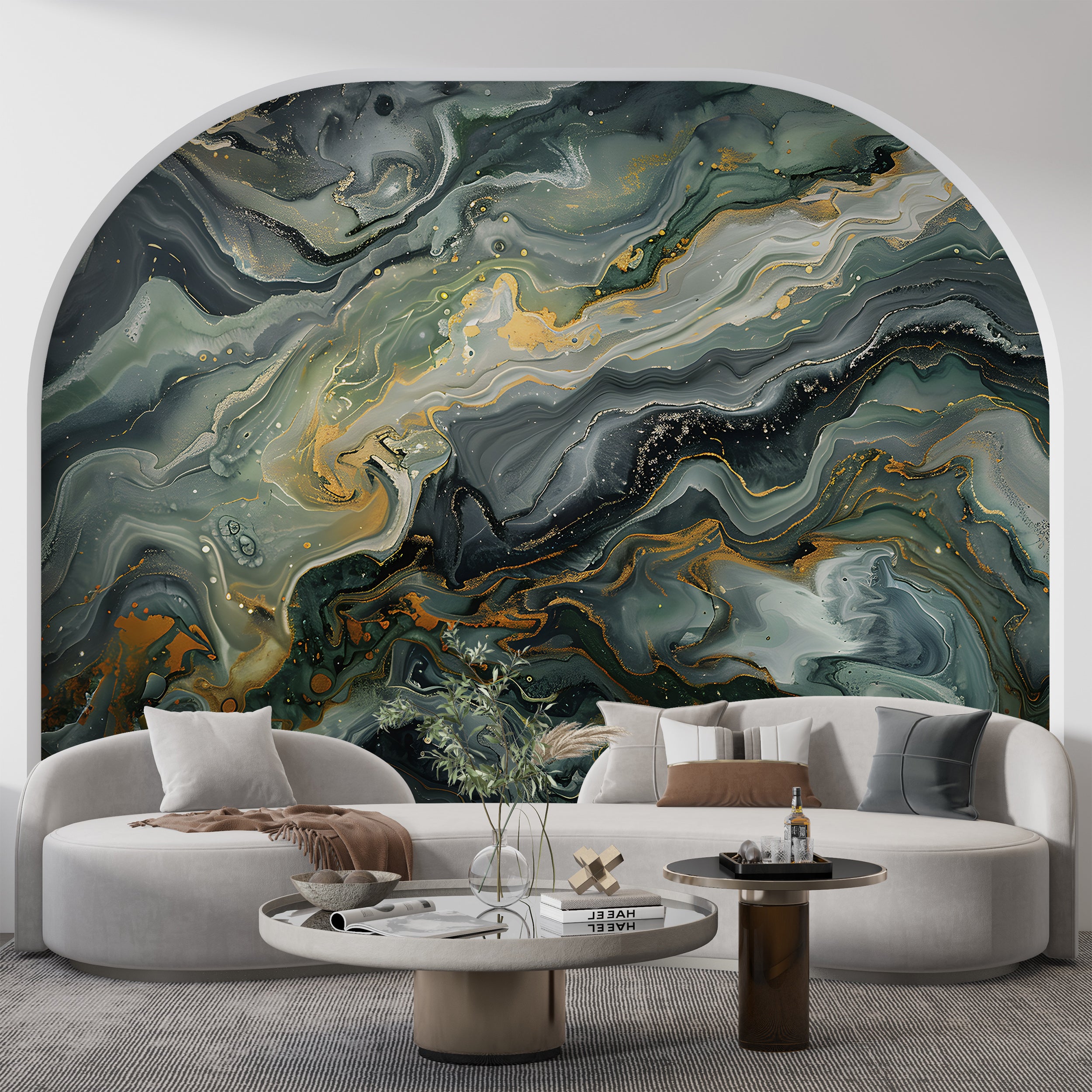 Deep Green Marble Mural, Alcohol Ink Abstract Wallpaper, Peel and Stick Dark Green Stone Texture Art, Removable Marble Sticker Decor