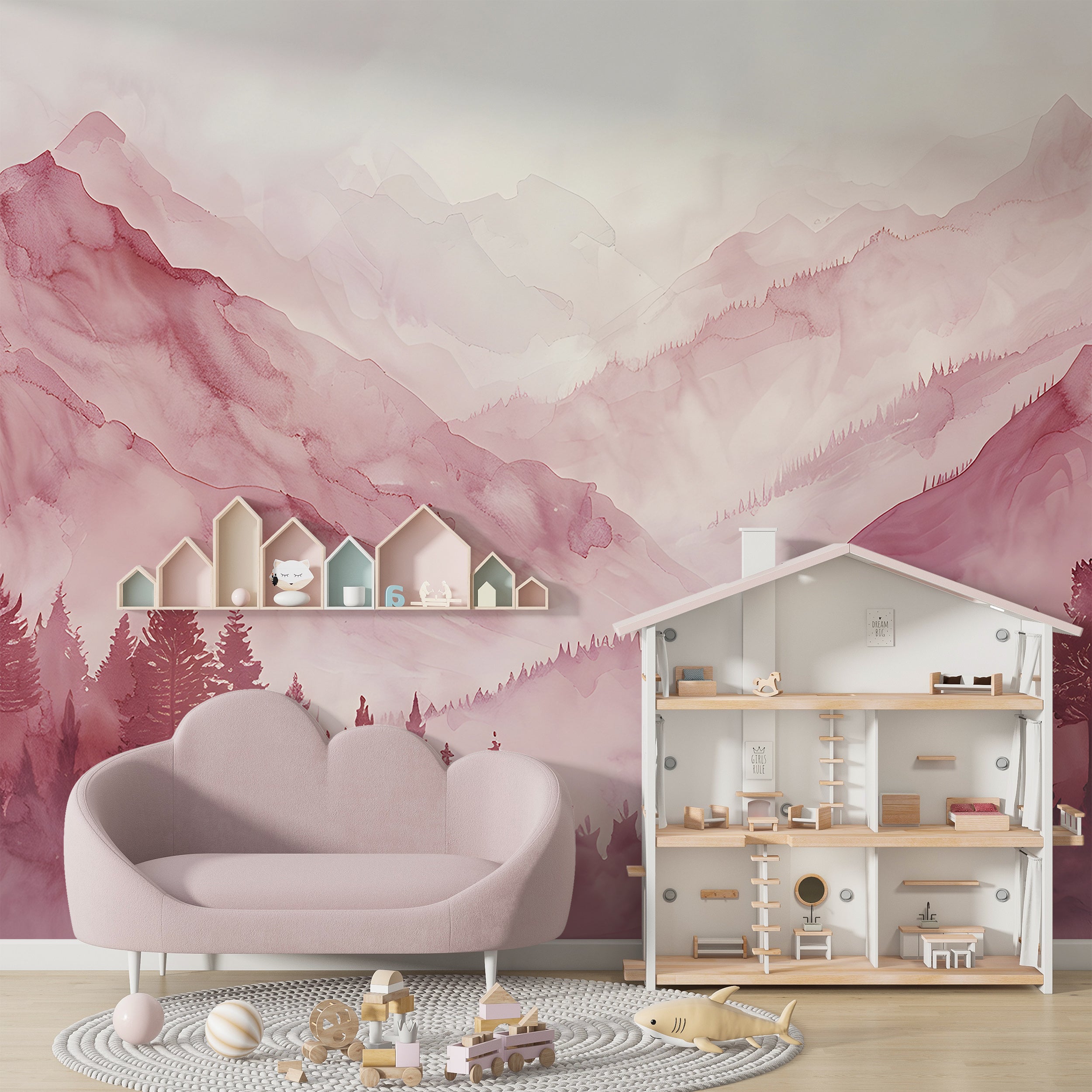 Pink Nursery Landscape Wallpaper, Watercolor Mountain View Mural, Peel and Abstract Stick Forests and Mountains Wall Mural, Soft Pink Nature Art