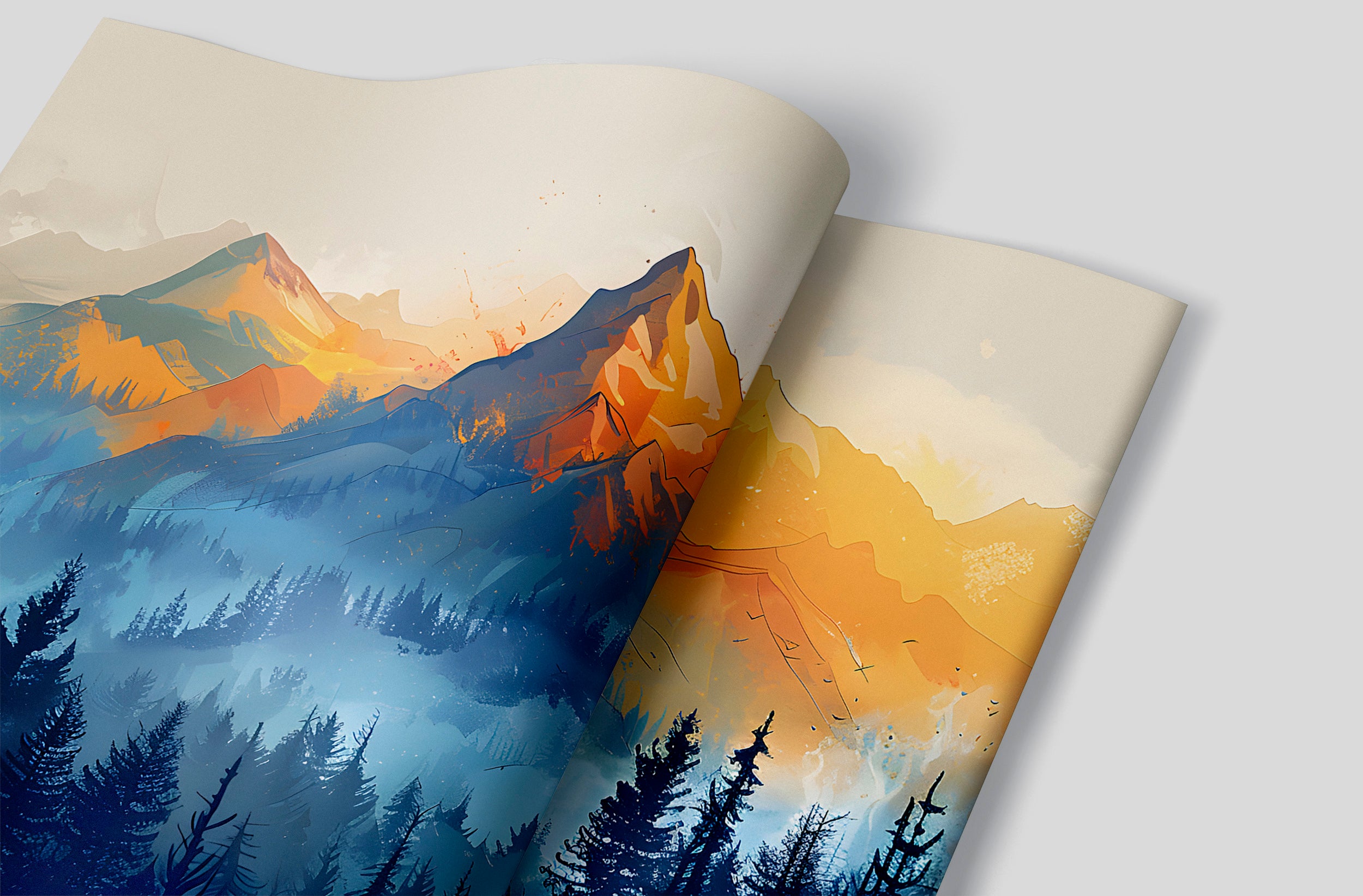 Orange and Blue Watercolor Mural, Peel and Stick Mountain View Wallpaper, Removable Mountains and Forest Landscape, Mountain Sunset Art