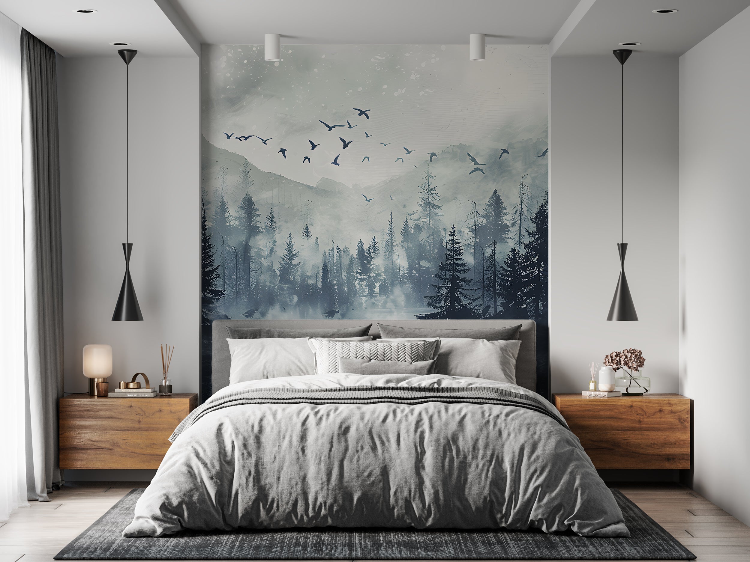 Dark Forest Wall Mural, Peel and Stick Black and Grey Pine Trees Mountain and Birds, Watercolor Foggy Nature Decor, Misty Forest Wallpaper
