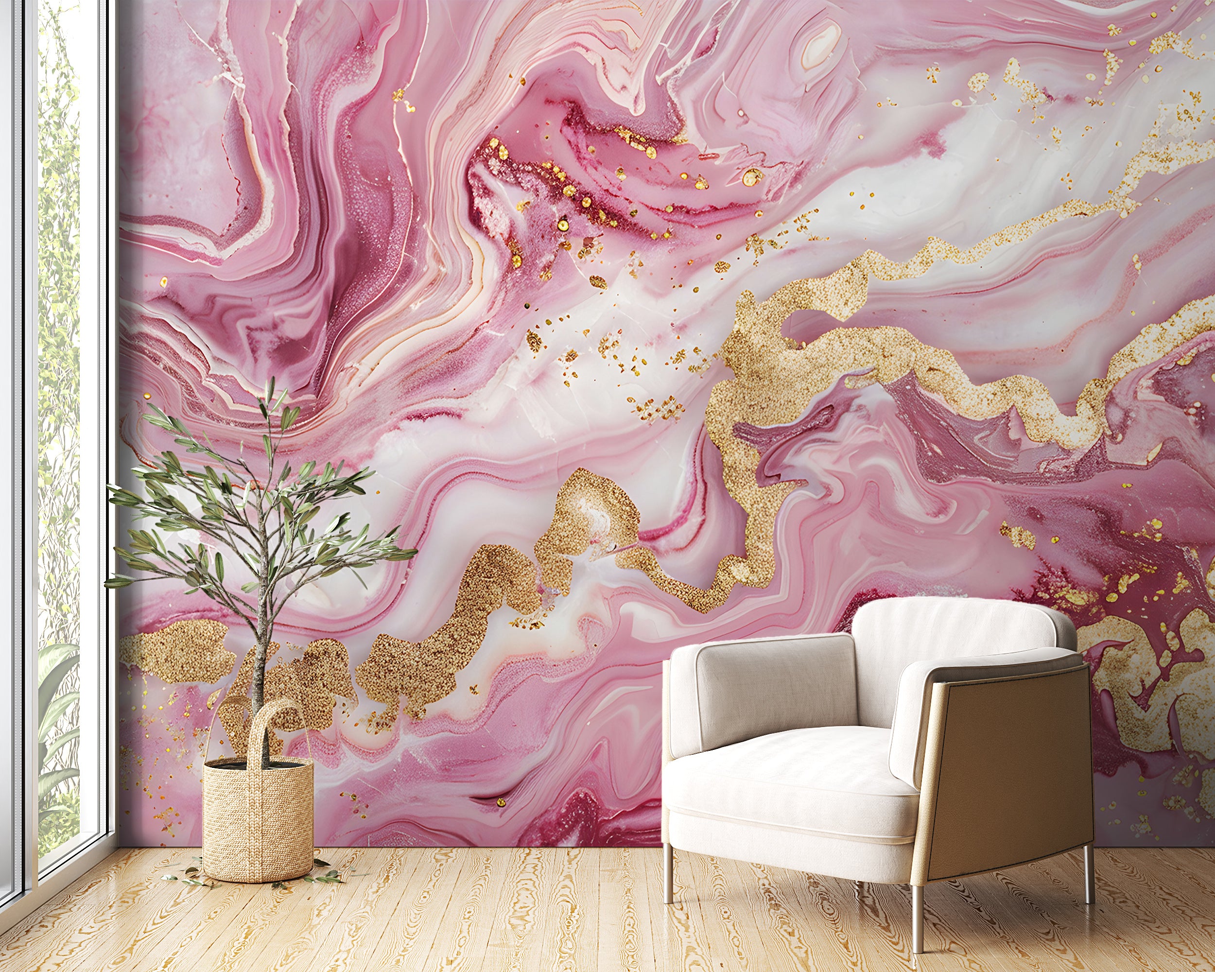 Pink and Gold Alcohol Ink Mural, Peel and Stick Abstract Wallpaper, Removable Modern Marble Texture Wall Decor, Unique Accent Wallpaper