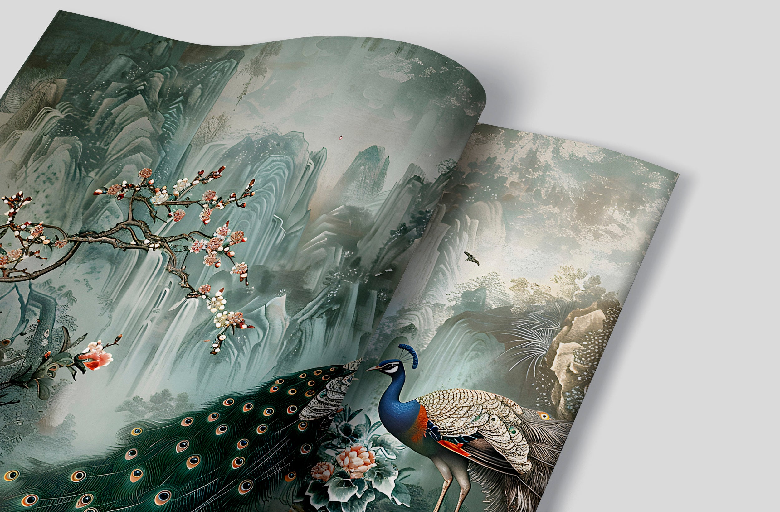 Green Chinoiserie Wallpaper, Peacock Wall Mural, Peel and Stick Abstract Chinese Art, Removable Vintage Decor with Birds and Flowers