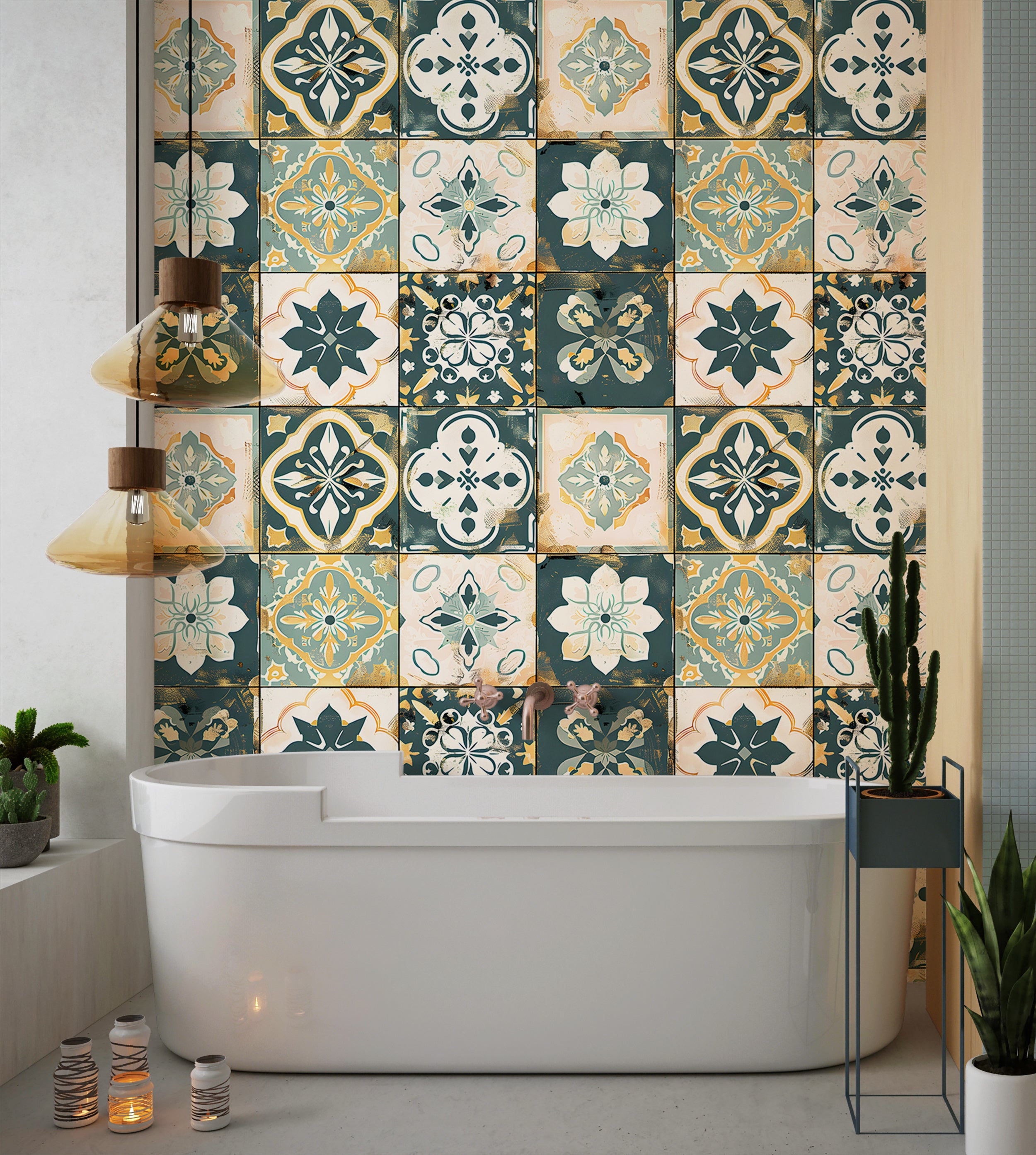 Patchwork Tiles Wallpaper, Peel and Stick Moroccan Wall Decal, Removable Floral Tile Style Wallpaper, Rustic Colors Vintage Wall Decor