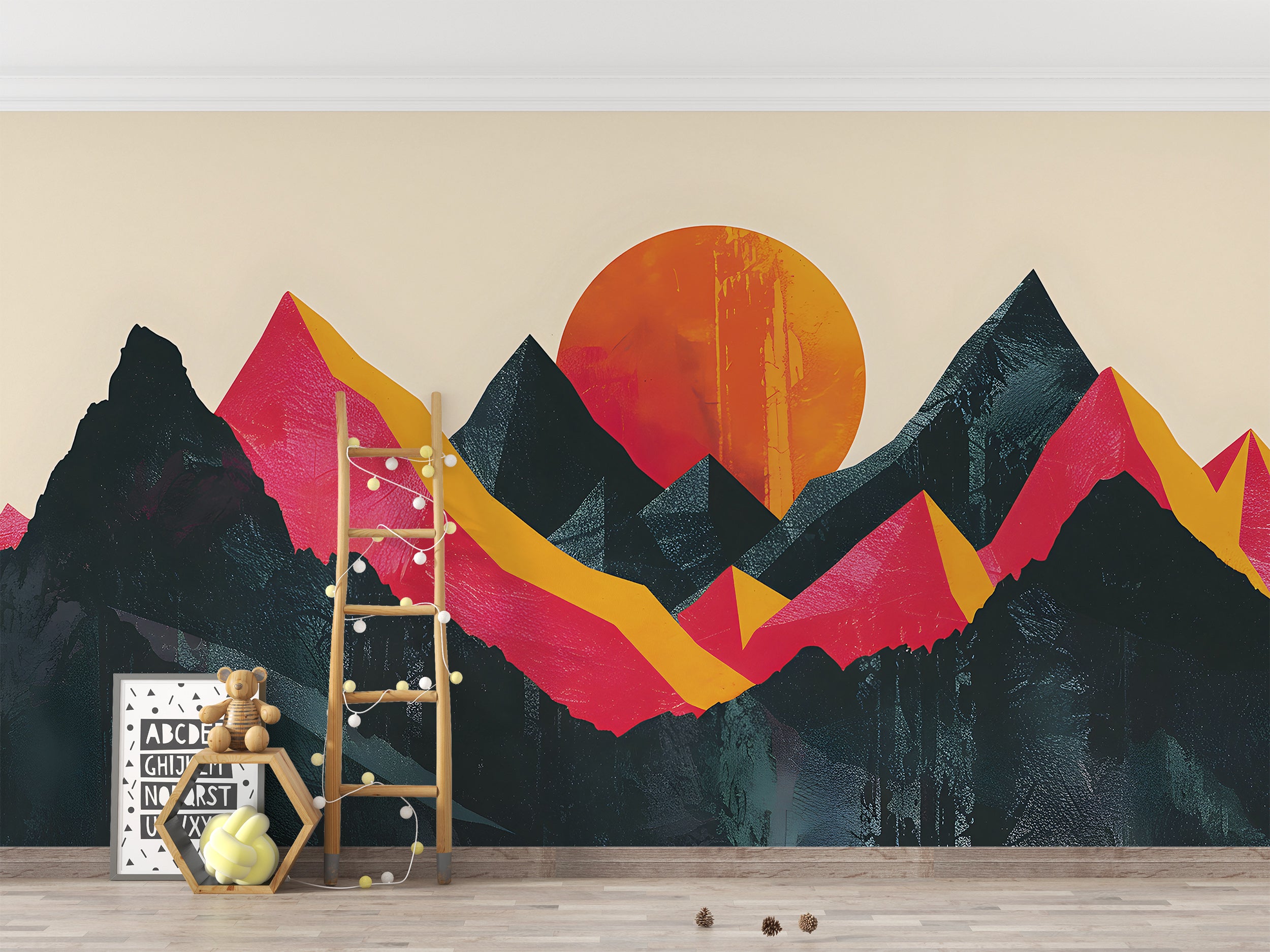 Abstract Landscape in Pop Art Style Mural, Peel and Stick Mountain Sunset Wallpaper, Modern Accent Wall Art, Green and Orange Decor