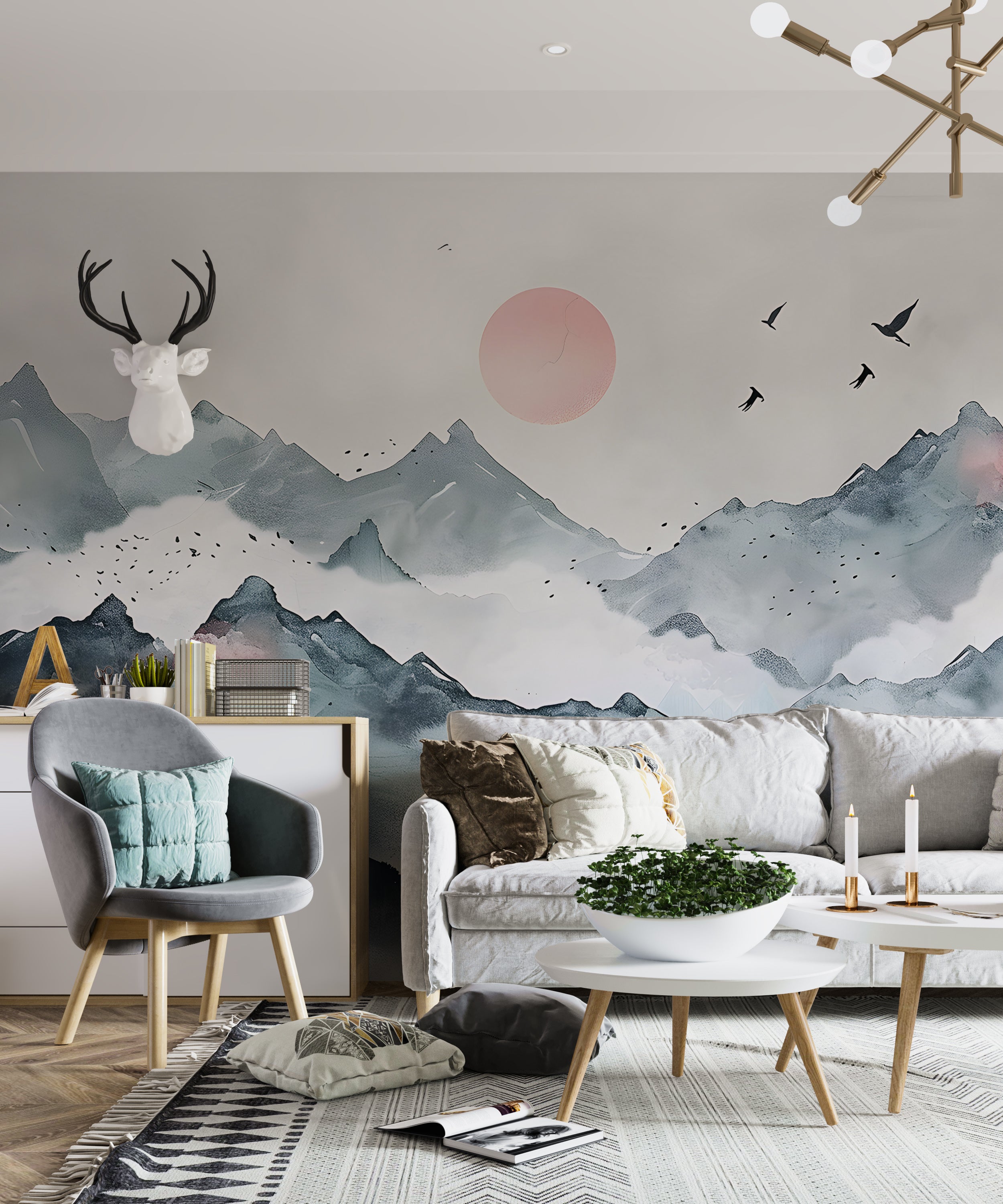 Abstract Mountains Sunset Mural, Watercolor Japanese Landscape Wallpaper, Peel and Stick Removable Green Foggy Mountain Wall Decal