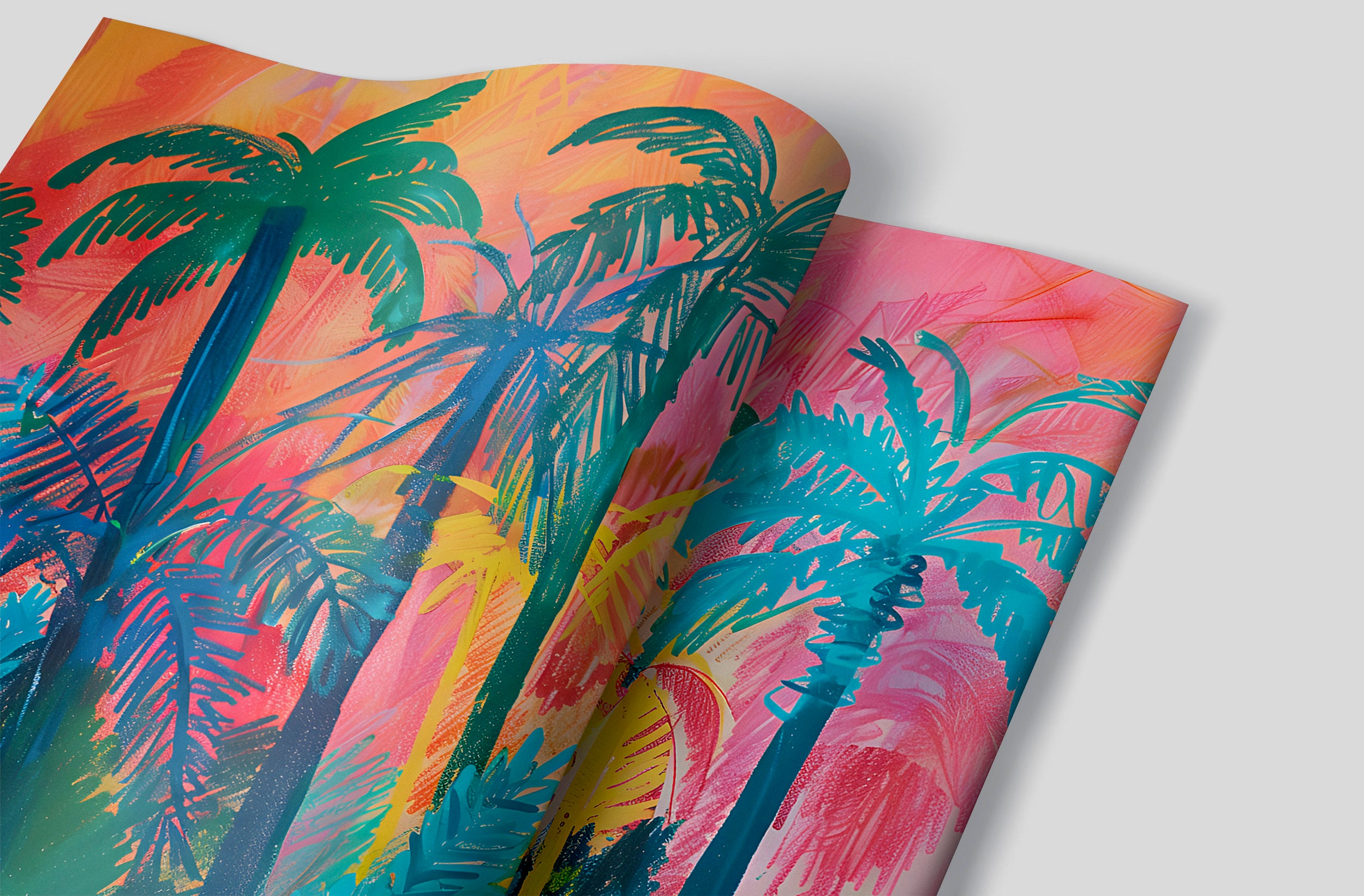 Colorful Palm Trees in Crayon Drawing Style Mural, Peel and Stick Tropical Wallpaper, PVC-free Abstract Palms Wall Mural, Nursery Decal