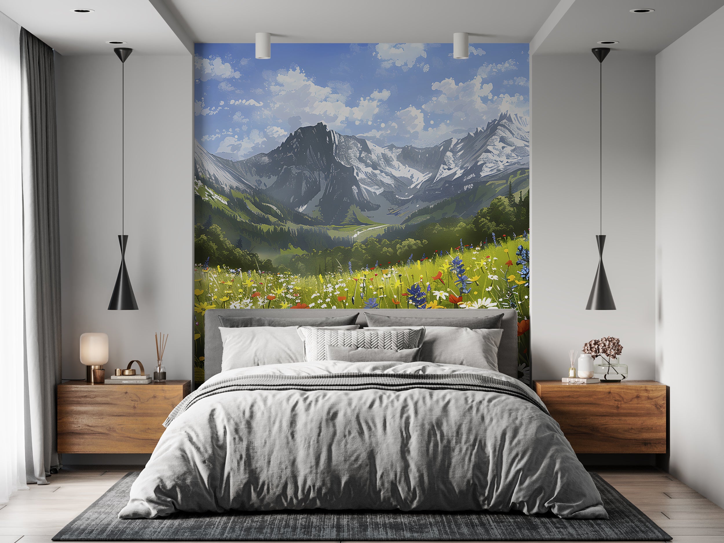 Colorful Flower Field Mural, Peel and Stick Mountain Wild Flower Field Wallpaper, Removable Nature Mural, Watercolor Floral Landscape Wall Decal