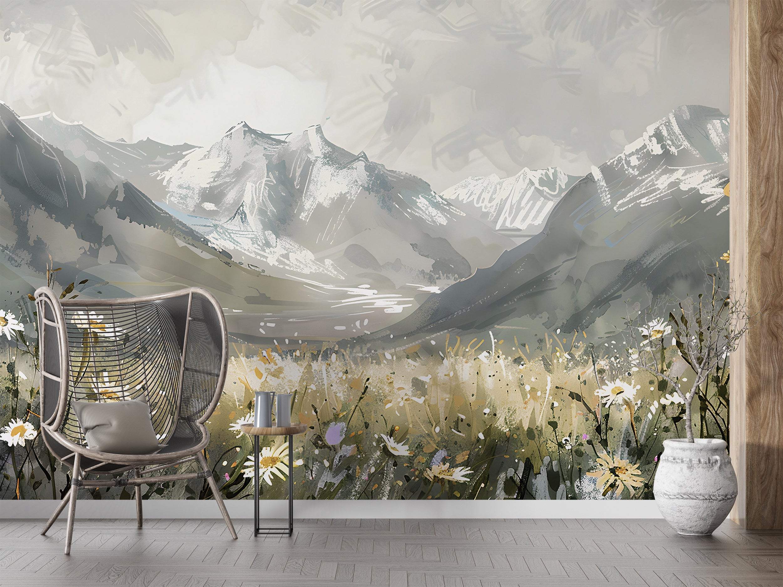 Watercolor Mountain Field Mural, Meadow Flowers in Natural Colors Wallpaper, Peel and Stick Wild Nature Landscape Mural, Grey Mountains Decal