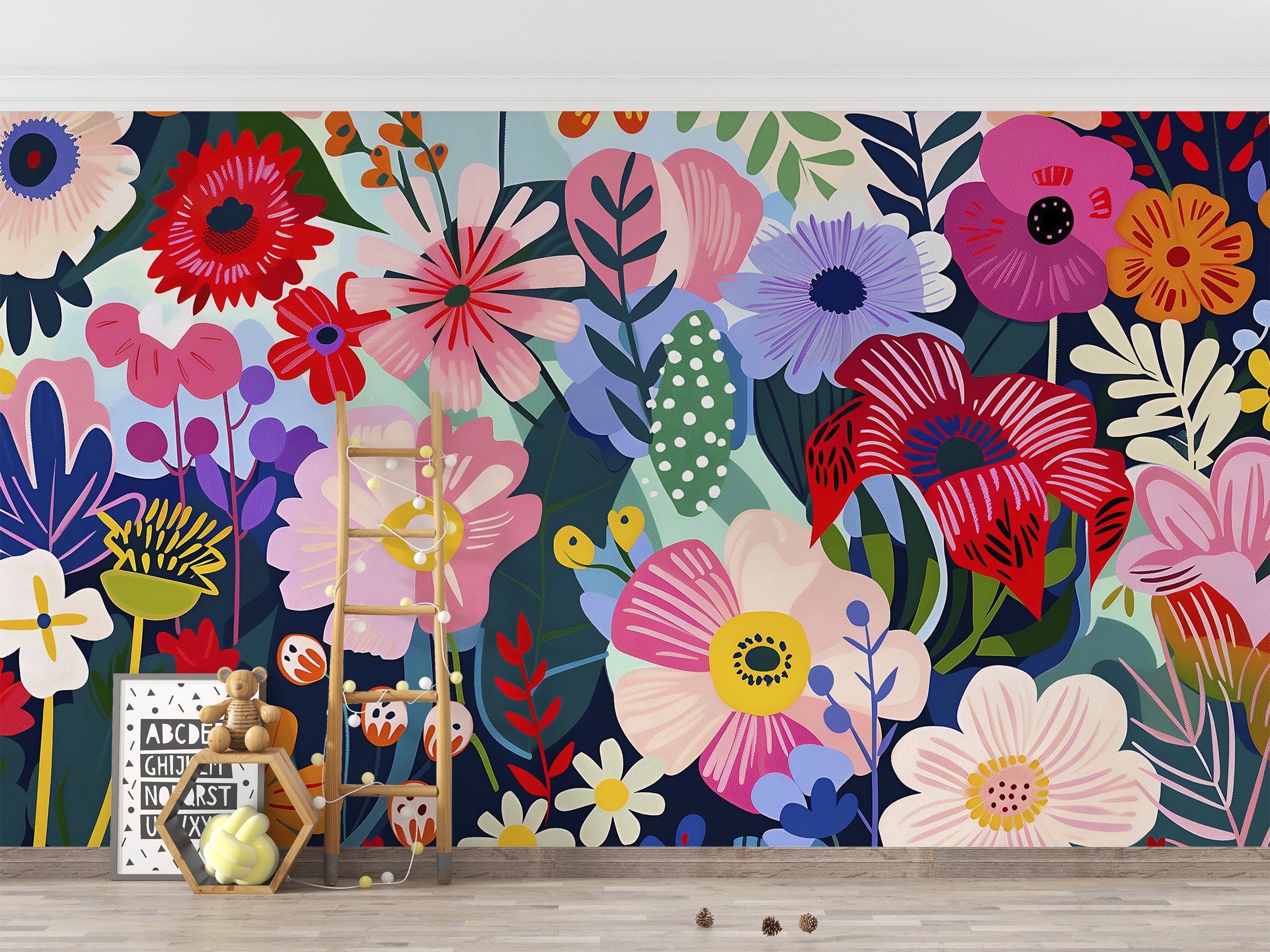Colorful Abstract Flowers Wallpaper, Peel and Stick Modern Floral Mural, Large Wild Flowers Wall Decor, Removable Meadow Flowers Art